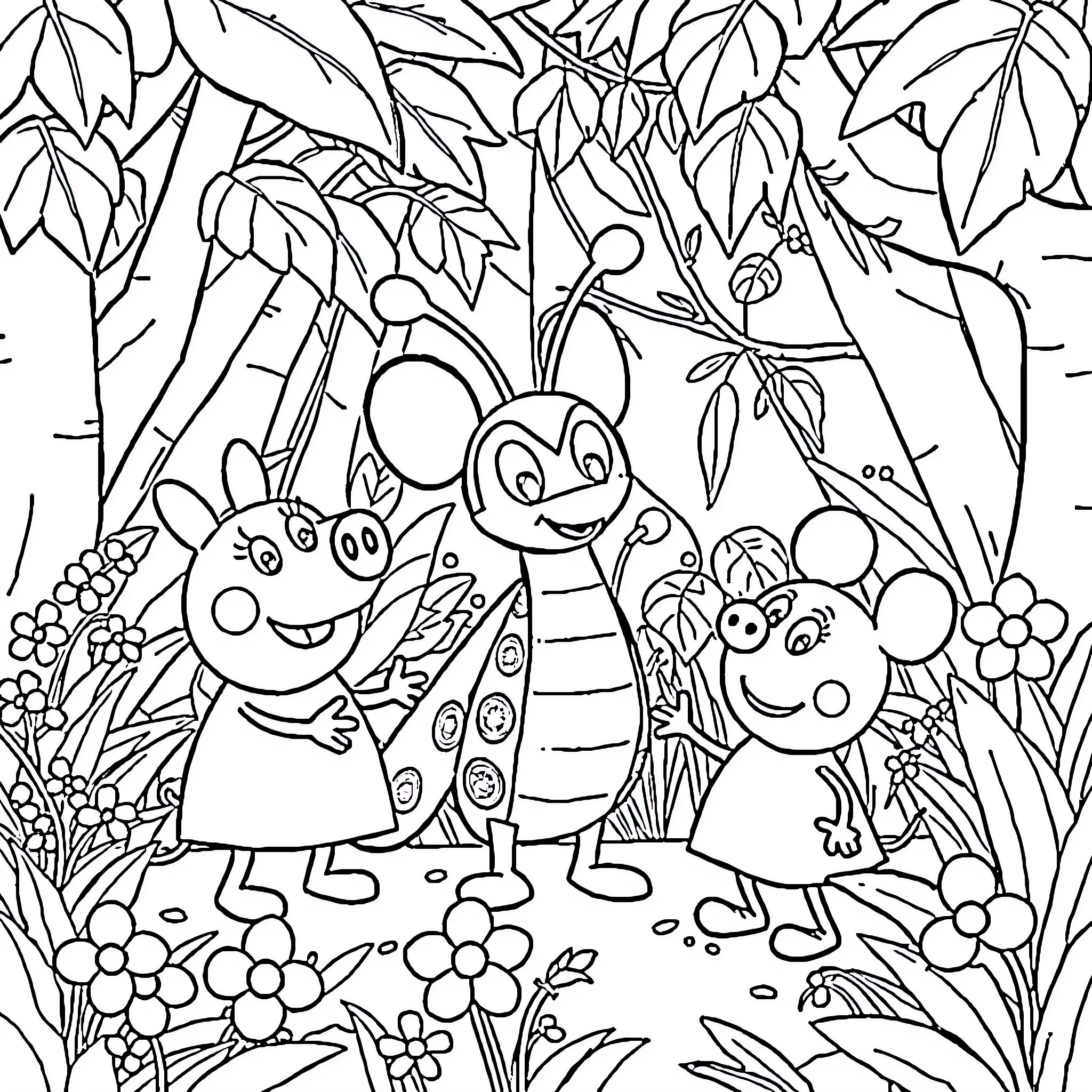 Paw Patrol Characters Exploring Floral Landscape Coloring Page (free black-and-white line drawing printable PDF for all, from beginners to advanced learners, including children, teens, adults, and seniors)