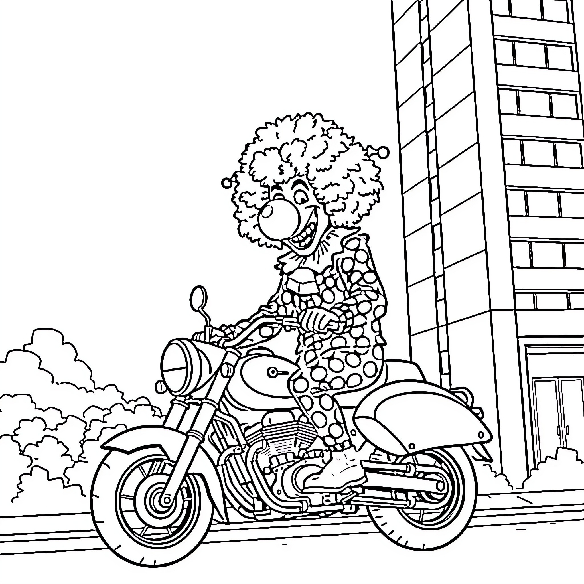 Clown riding a motorcycle in the city Coloring Page (free black-and-white line drawing printable PDF for all, from beginners to advanced learners, including children, teens, adults, and seniors)