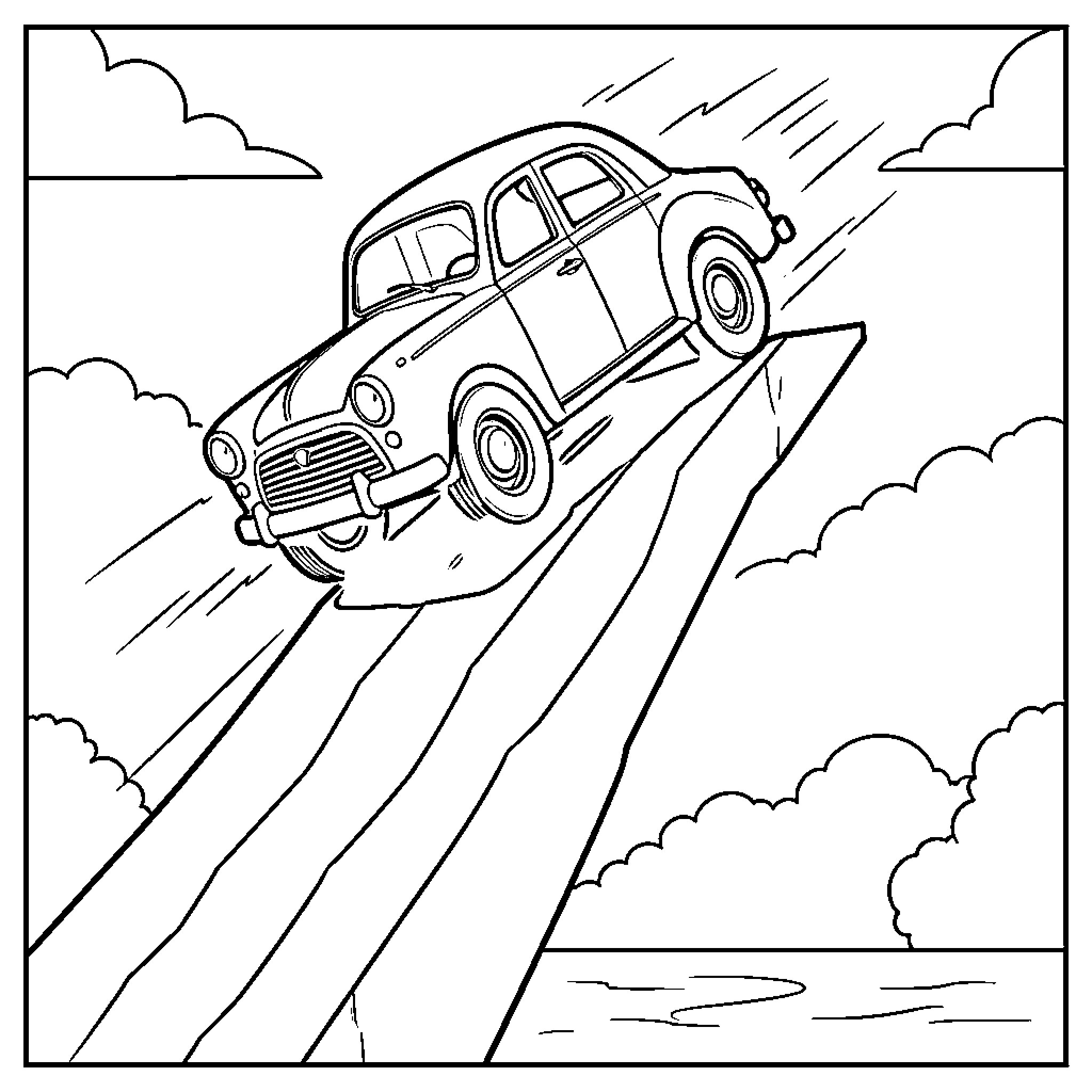 Matchbox Car speeding through clouds Coloring Page (free black-and-white line drawing printable PDF for all, from beginners to advanced learners, including children, teens, adults, and seniors)
