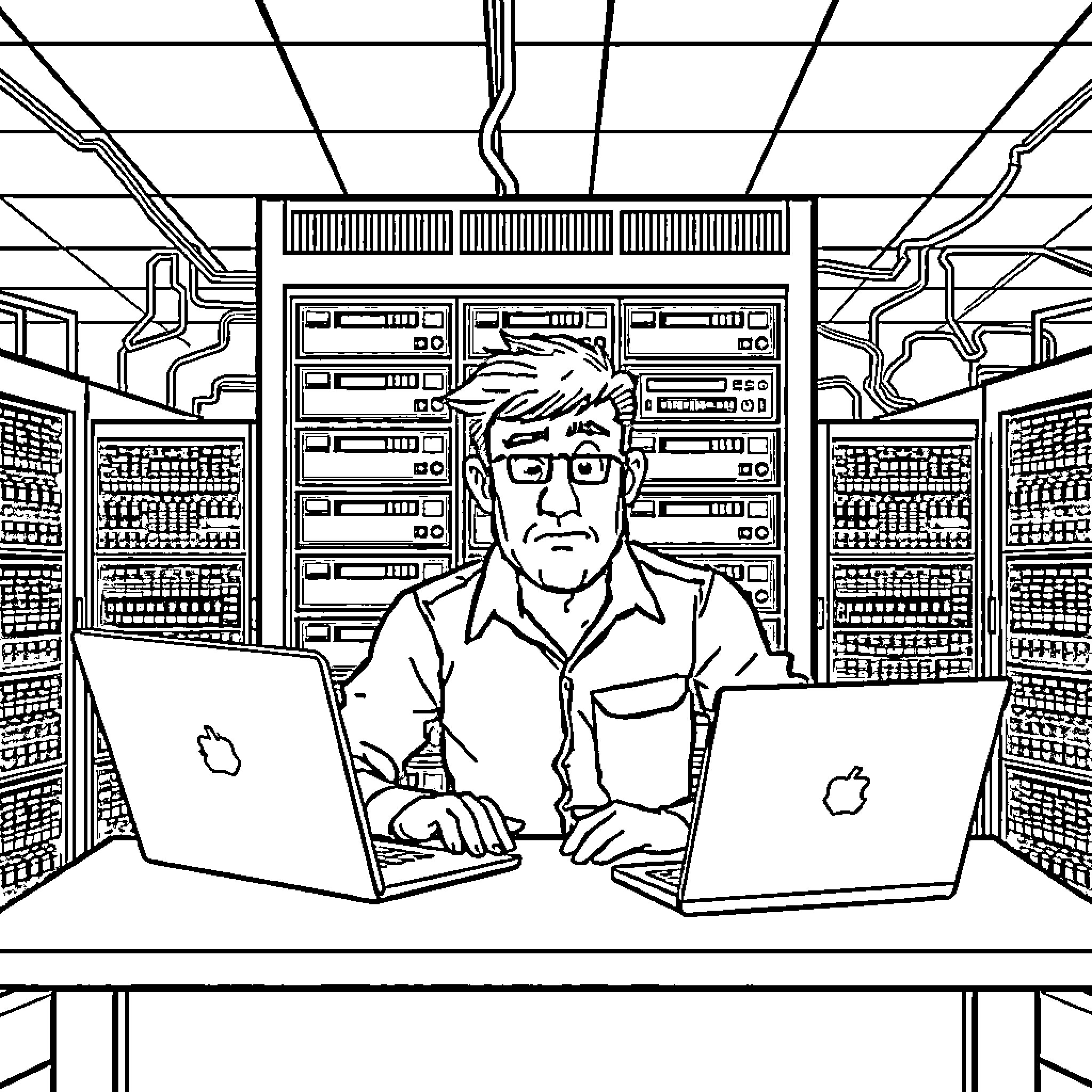 Network Engineer Diligently Working on Laptops in Server Room Coloring Page (free black-and-white line drawing printable PDF for all, from beginners to advanced learners, including children, teens, adults, and seniors)