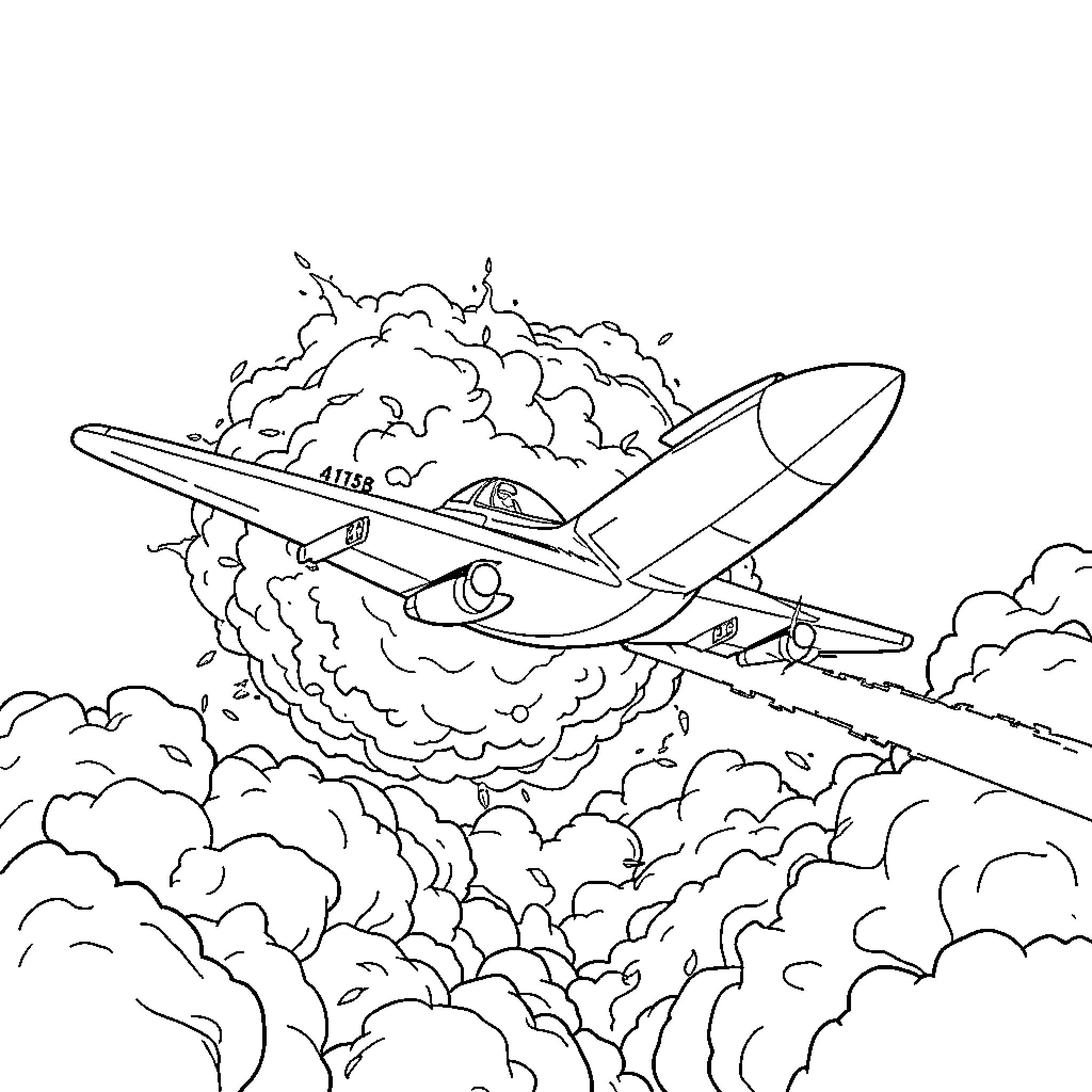 Firefighter aircraft soaring through smoke-filled skies Coloring Page (free black-and-white line drawing printable PDF for all, from beginners to advanced learners, including children, teens, adults, and seniors)