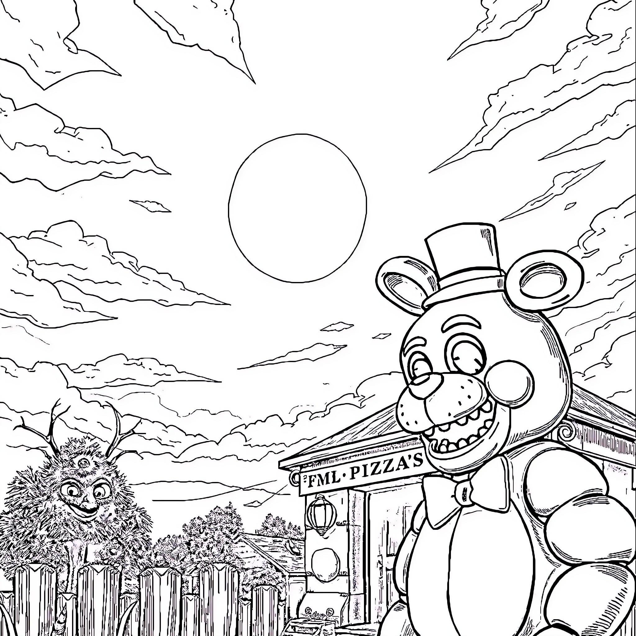 Eclipse with Whimsical Creatures and Structures Coloring Page (free black-and-white line drawing printable PDF for all, from beginners to advanced learners, including children, teens, adults, and seniors)