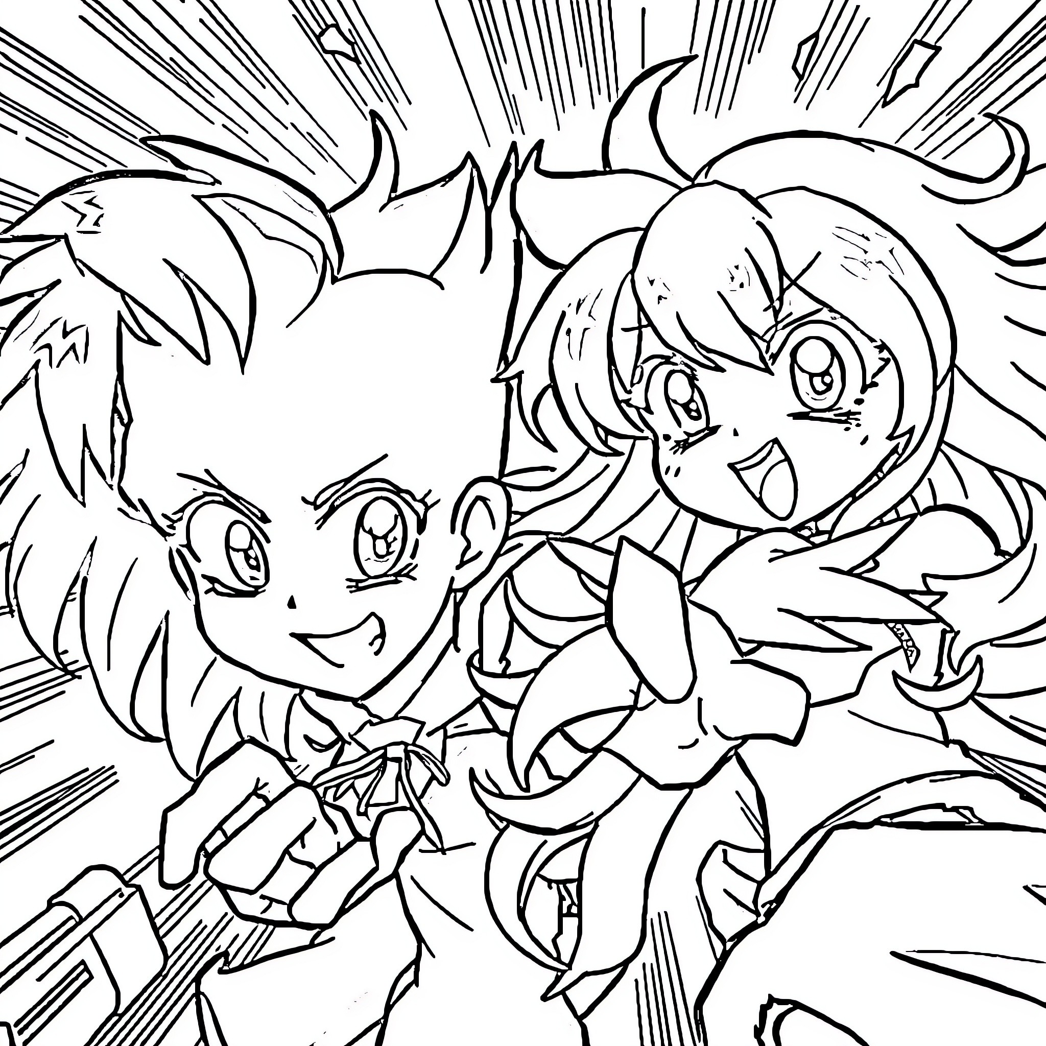 Anime characters in action-packed scene Coloring Page (free black-and-white line drawing printable PDF for all, from beginners to advanced learners, including children, teens, adults, and seniors)