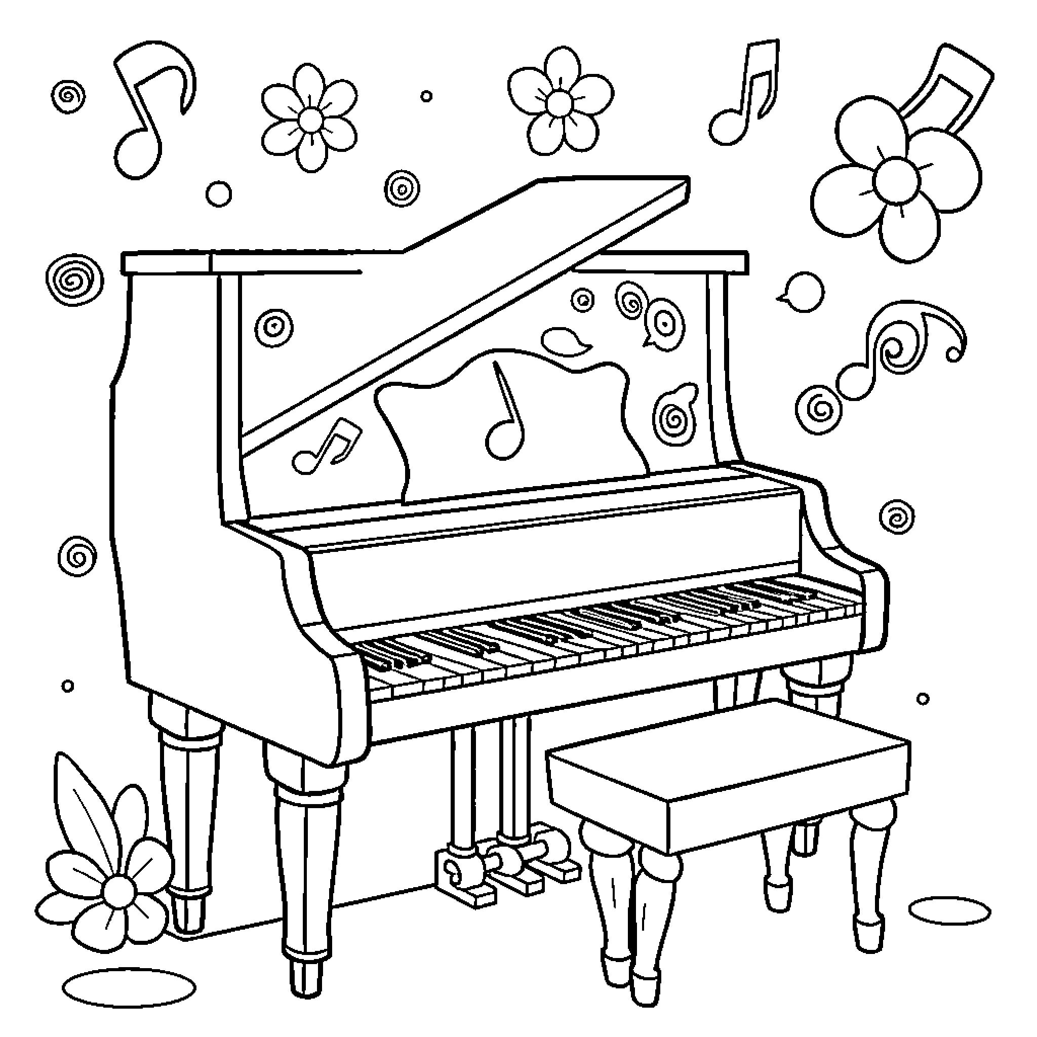Piano with Playful Musical Decor Coloring Page (free black-and-white line drawing printable PDF for all, from beginners to advanced learners, including children, teens, adults, and seniors)