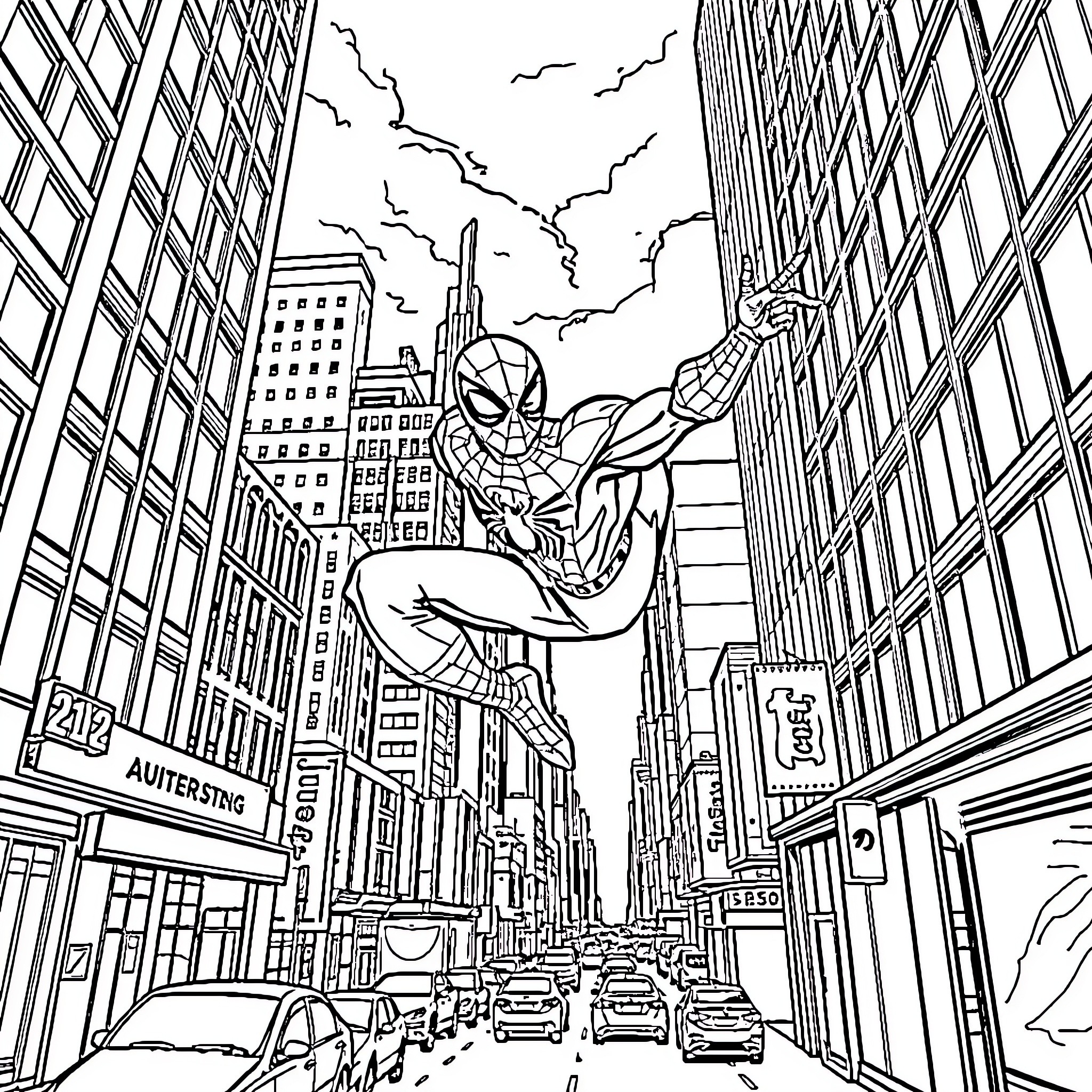 Spiderman swinging through the city skyline Coloring Page (free black-and-white line drawing printable PDF for all, from beginners to advanced learners, including children, teens, adults, and seniors)