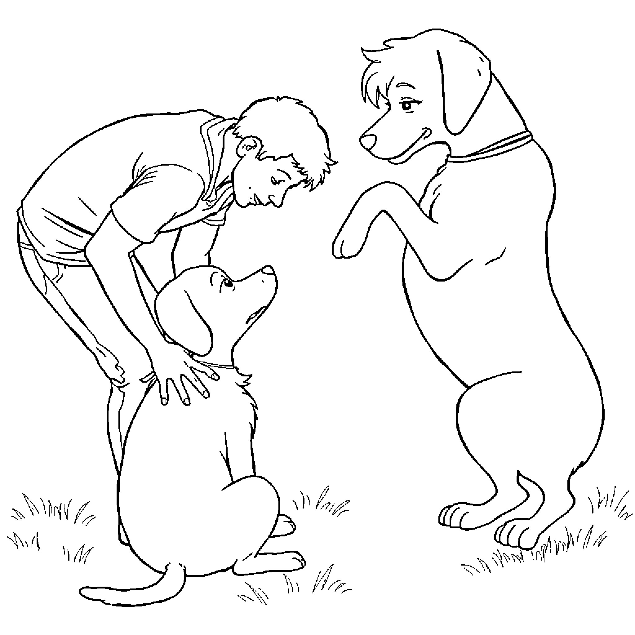Dog playing with children in the garden Coloring Page (free black-and-white line drawing printable PDF for all, from beginners to advanced learners, including children, teens, adults, and seniors)