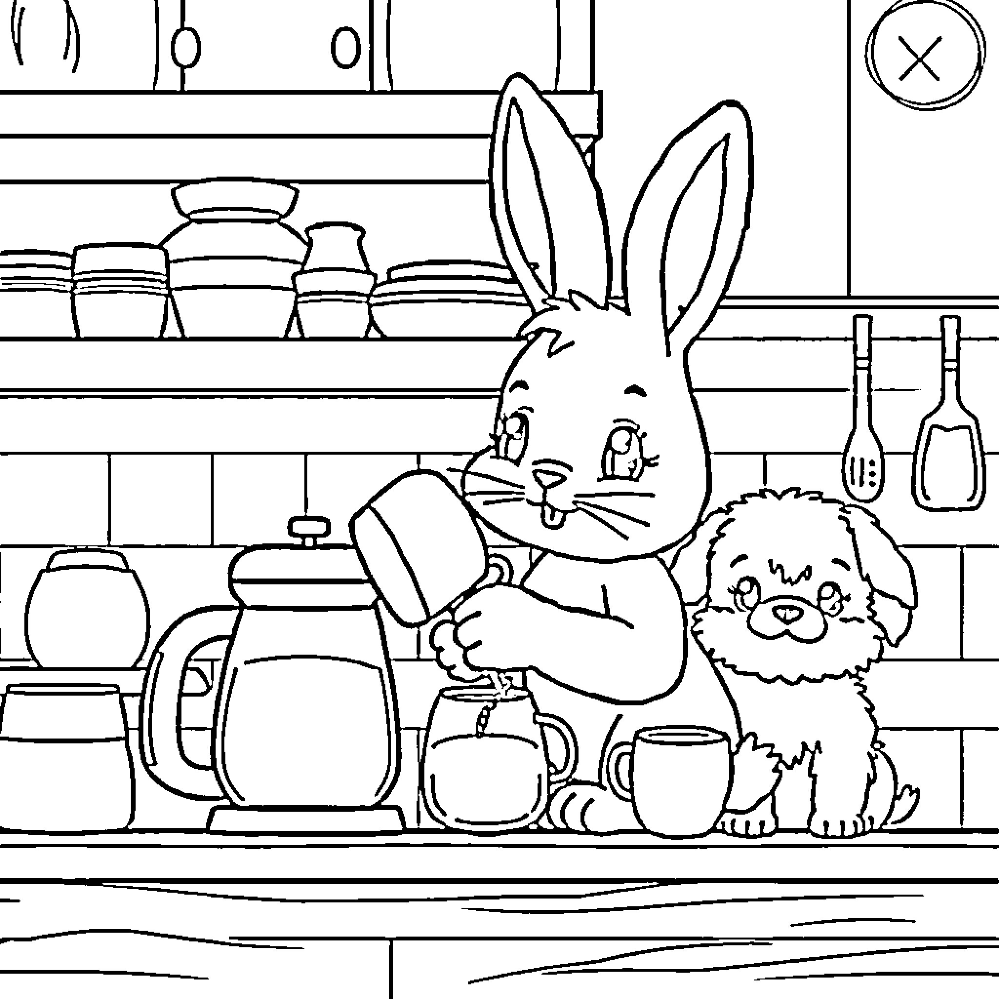 Bunny and puppy in the kitchen Coloring Page (free black-and-white line drawing printable PDF for all, from beginners to advanced learners, including children, teens, adults, and seniors)