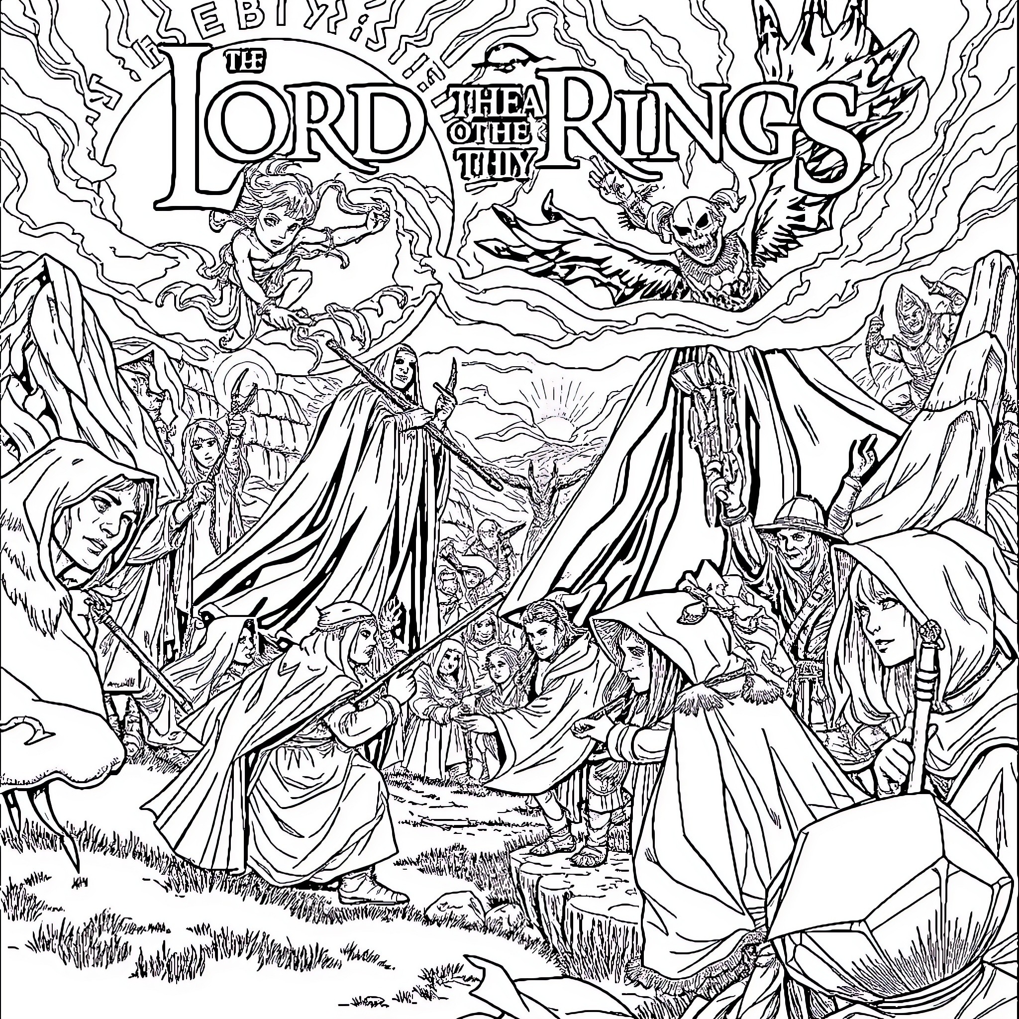 Lord of the Rings: Epic Scenes and Characters in Middle-earth Coloring Page (free black-and-white line drawing printable PDF for all, from beginners to advanced learners, including children, teens, adults, and seniors)