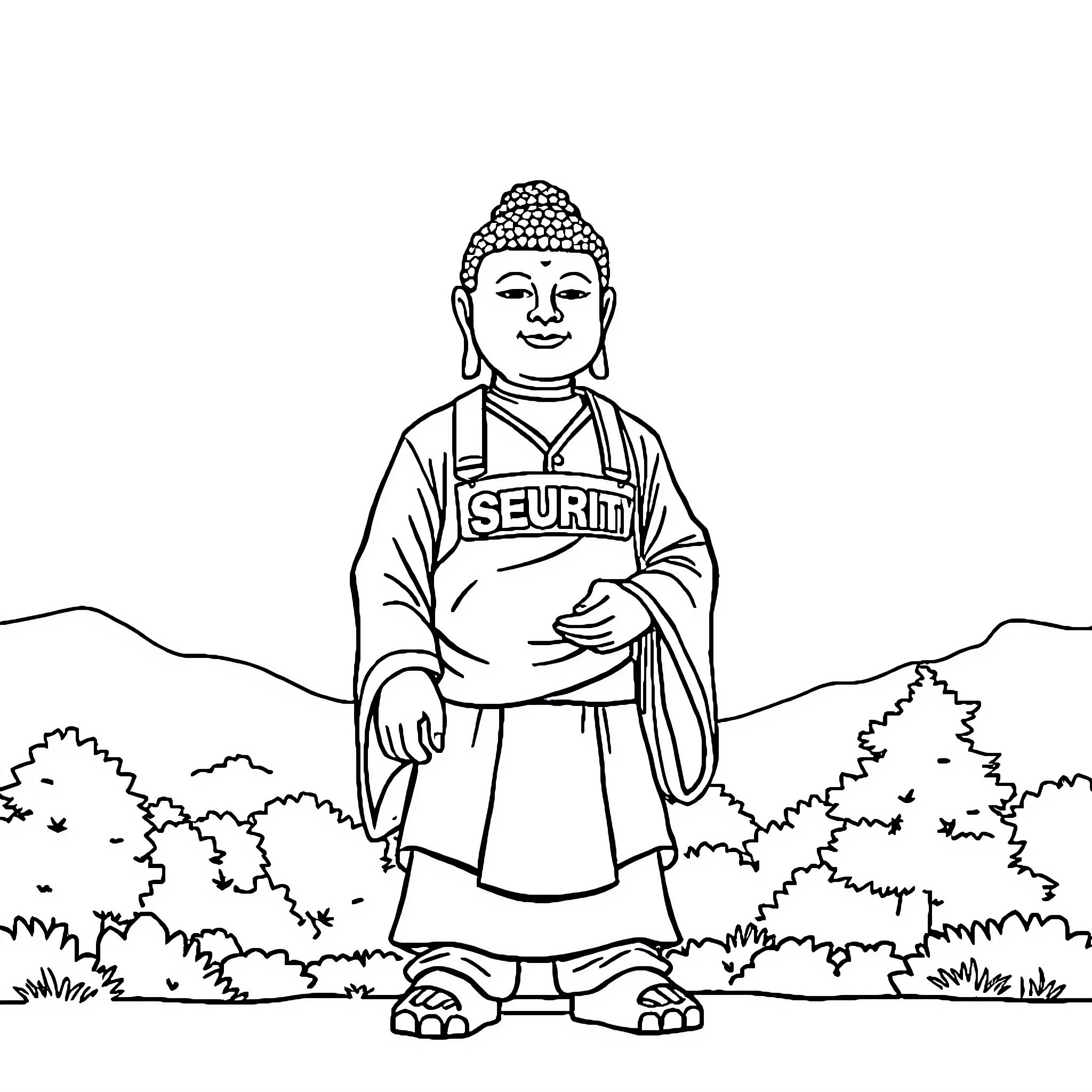 Buddha in Security Uniform Standing in the Wilderness Coloring Page (free black-and-white line drawing printable PDF for all, from beginners to advanced learners, including children, teens, adults, and seniors)