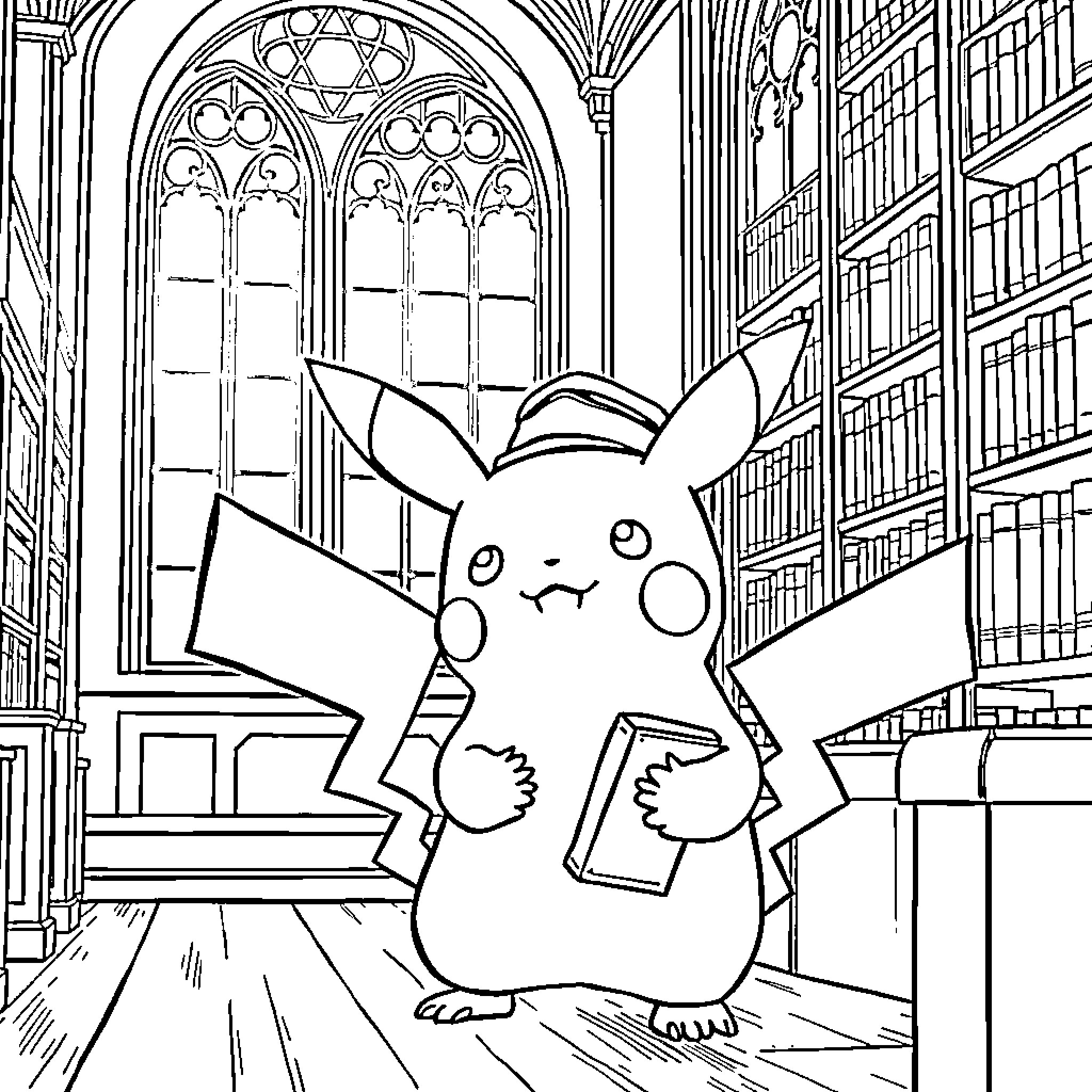 Pikachu exploring a magical library Coloring Page (free black-and-white line drawing printable PDF for all, from beginners to advanced learners, including children, teens, adults, and seniors)
