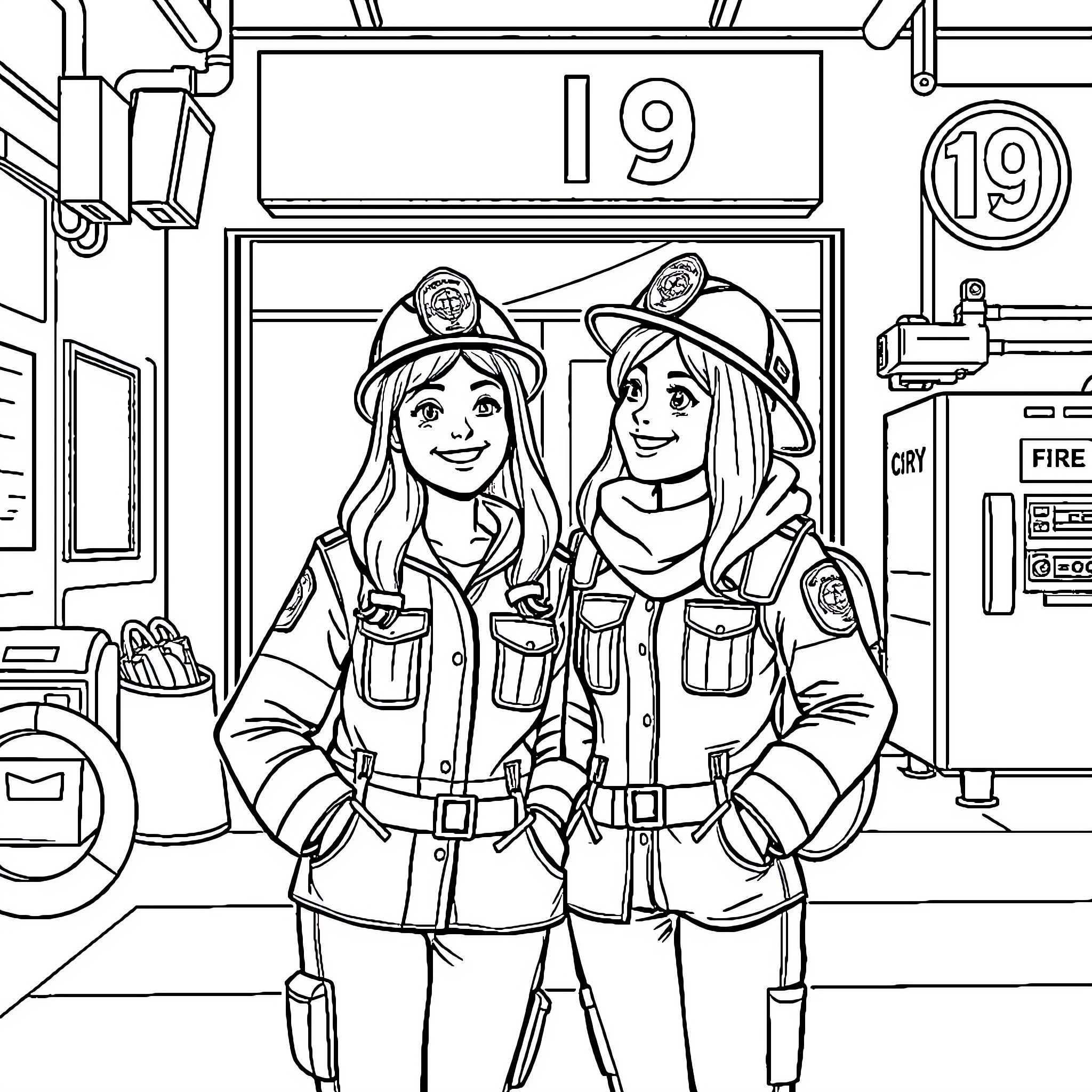 Maya and Carina as Firefighters in Training Coloring Page (free black-and-white line drawing printable PDF for all, from beginners to advanced learners, including children, teens, adults, and seniors)