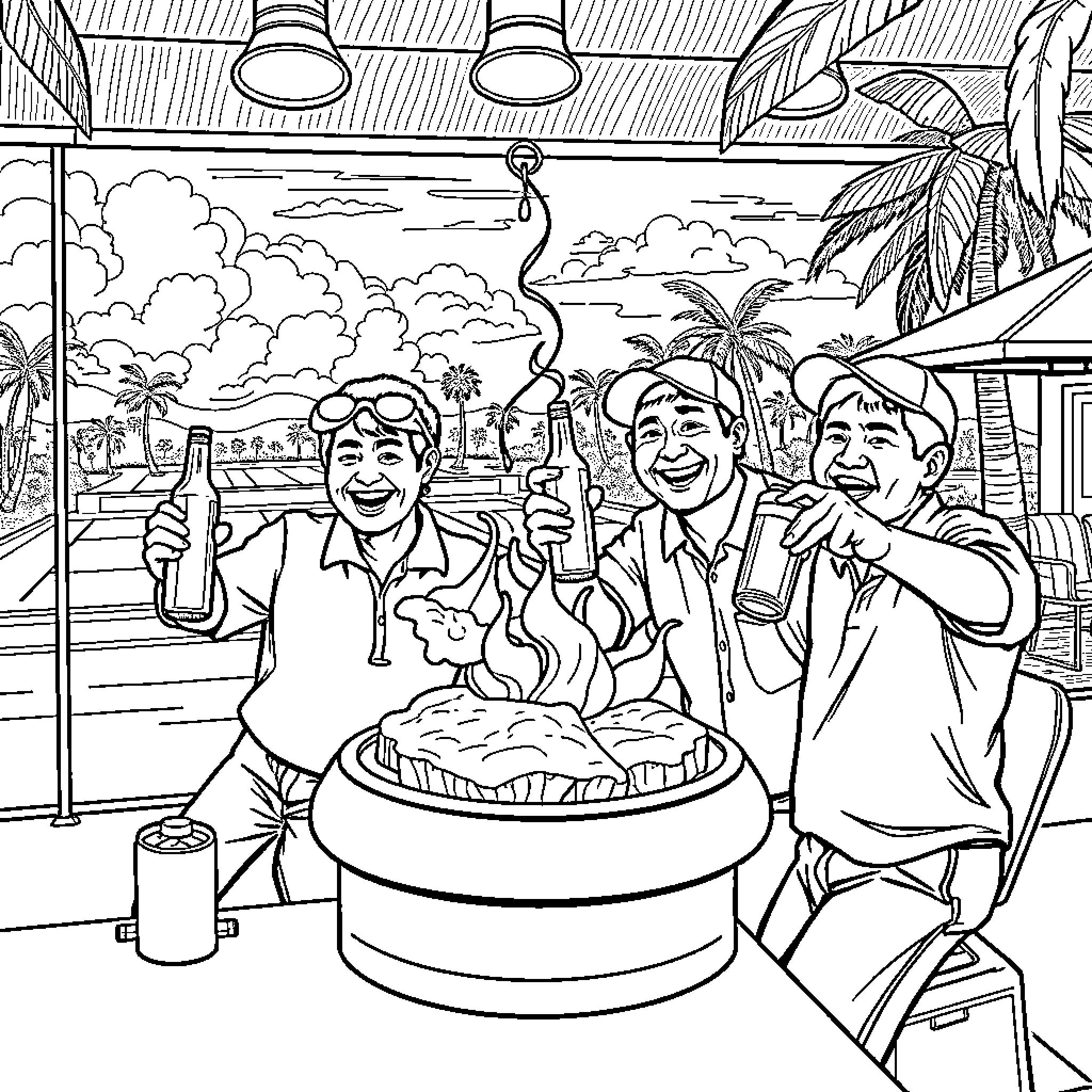 Guys enjoying a beach party with food and drinks Coloring Page (free black-and-white line drawing printable PDF for all, from beginners to advanced learners, including children, teens, adults, and seniors)
