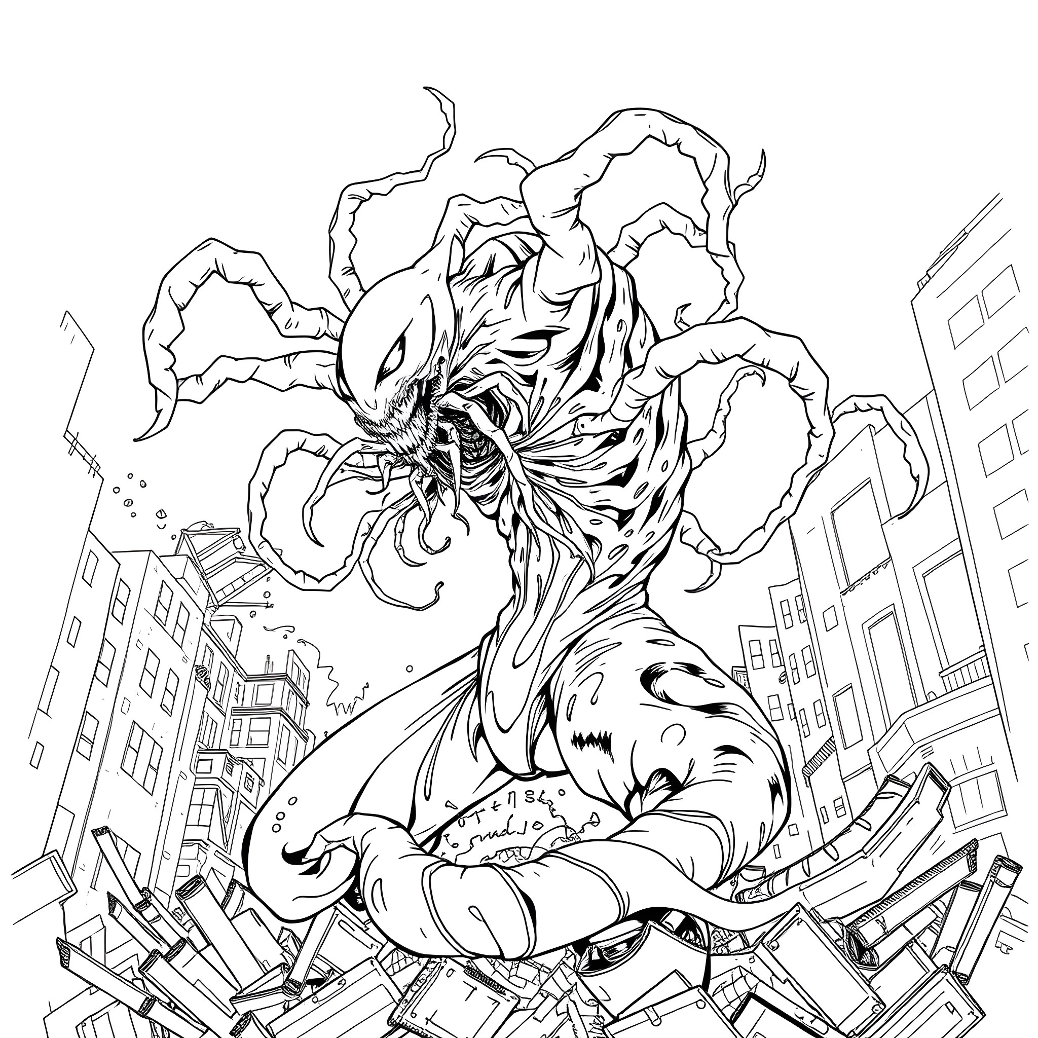 Carnage unleashed in the city Coloring Page (free black-and-white line drawing printable PDF for all, from beginners to advanced learners, including children, teens, adults, and seniors)