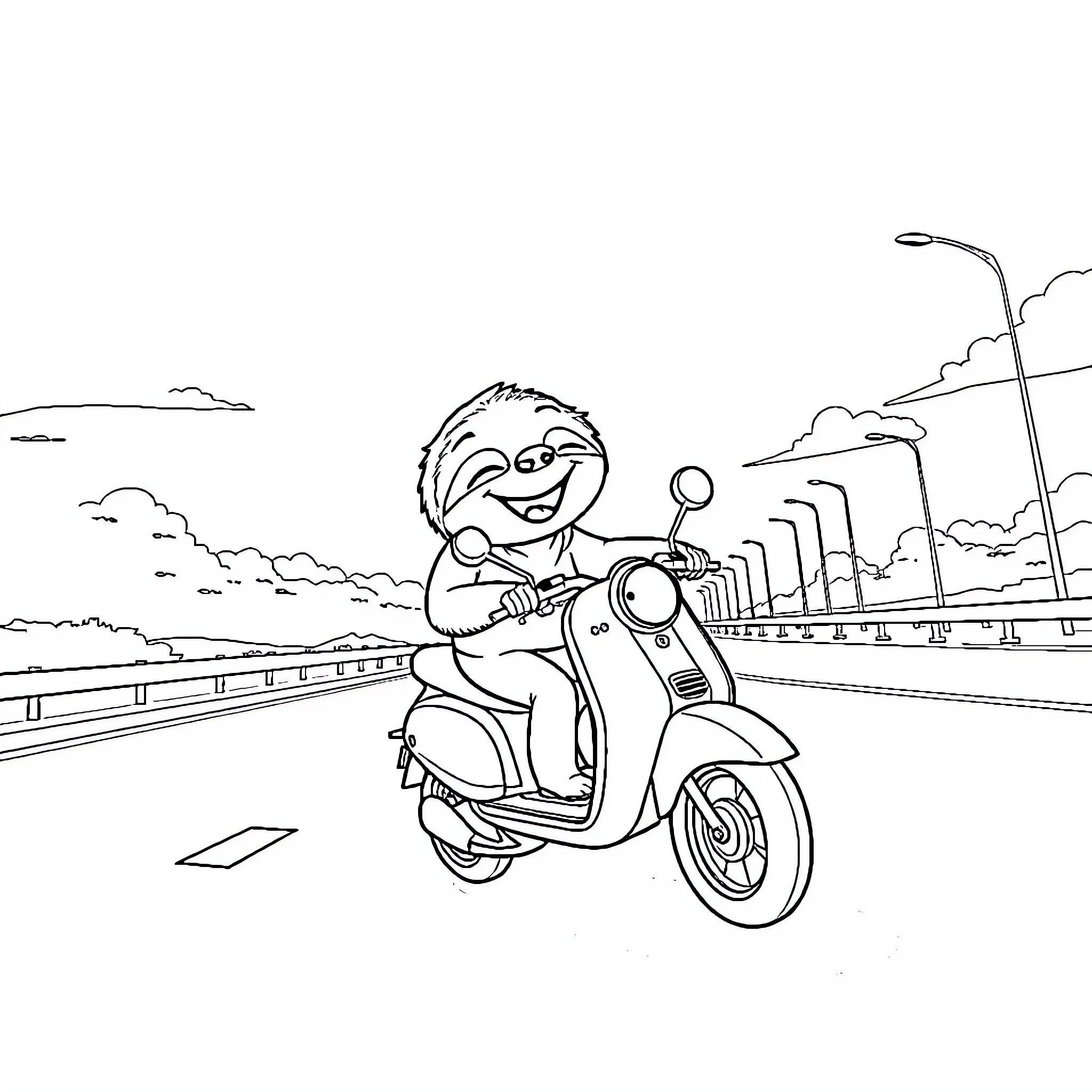Sloth riding a scooter on the road Coloring Page (free black-and-white line drawing printable PDF for all, from beginners to advanced learners, including children, teens, adults, and seniors)