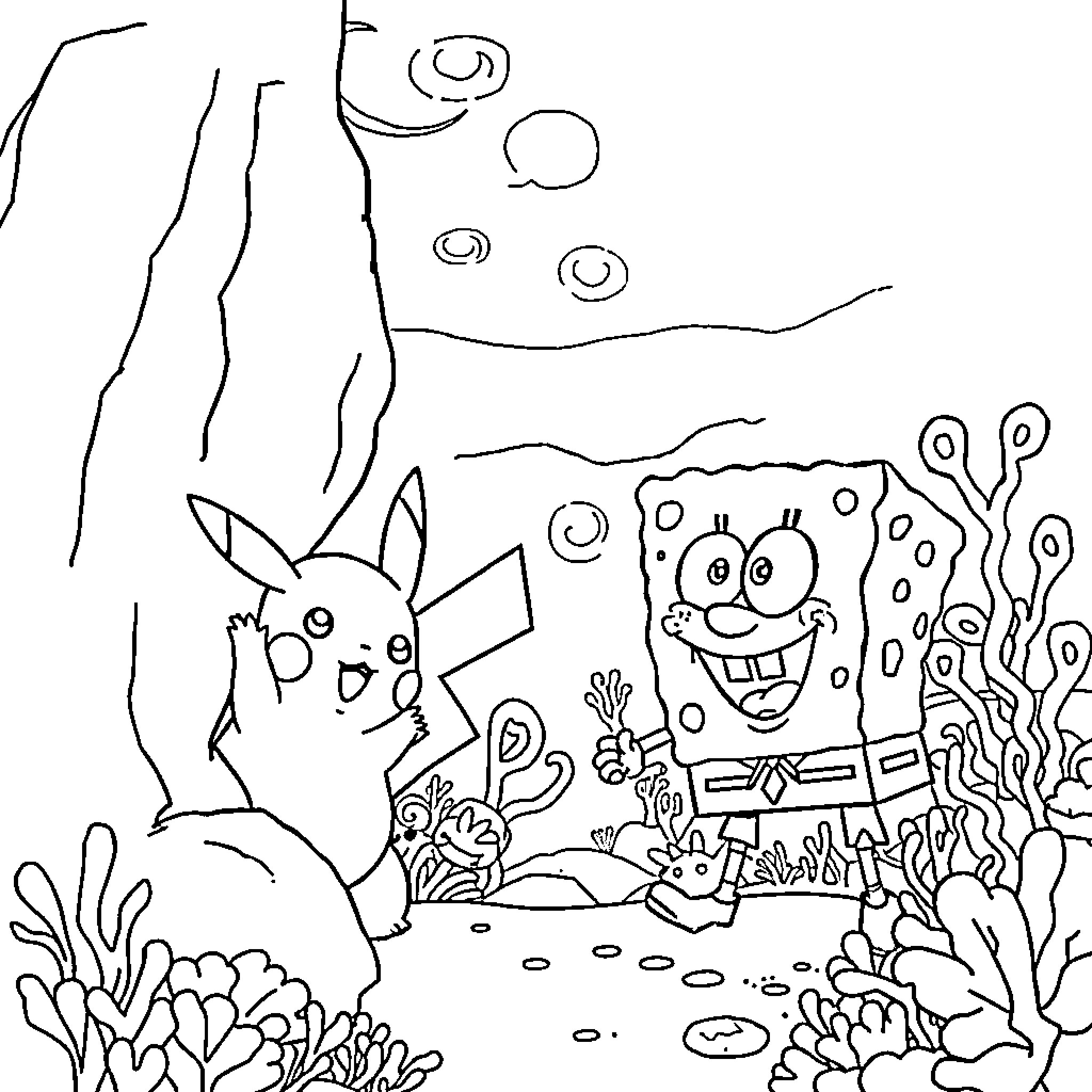 Pikachu and Spongebob Explore the Underwater World Coloring Page (free black-and-white line drawing printable PDF for all, from beginners to advanced learners, including children, teens, adults, and seniors)