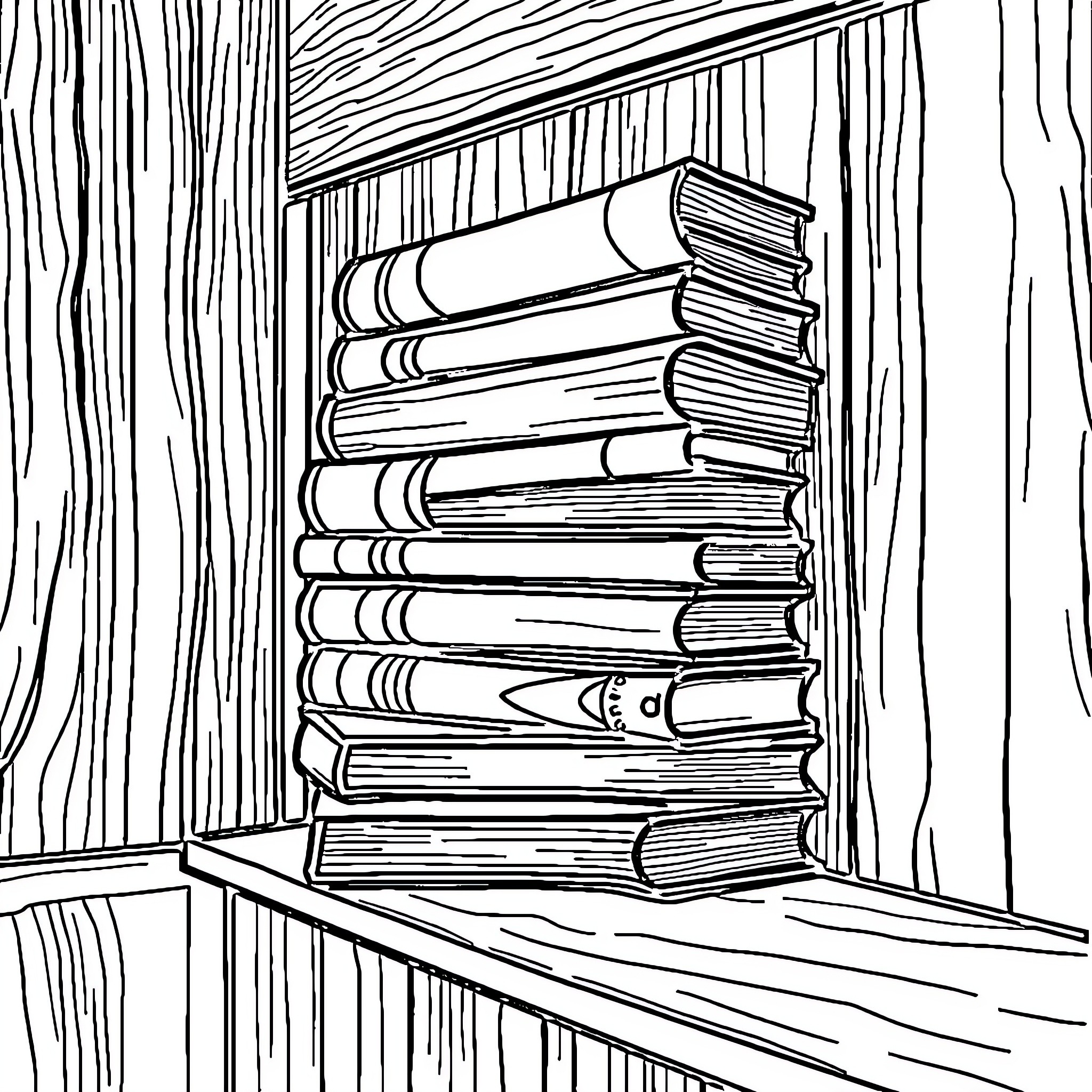 Book stack on a wooden shelf Coloring Page (free black-and-white line drawing printable PDF for all, from beginners to advanced learners, including children, teens, adults, and seniors)