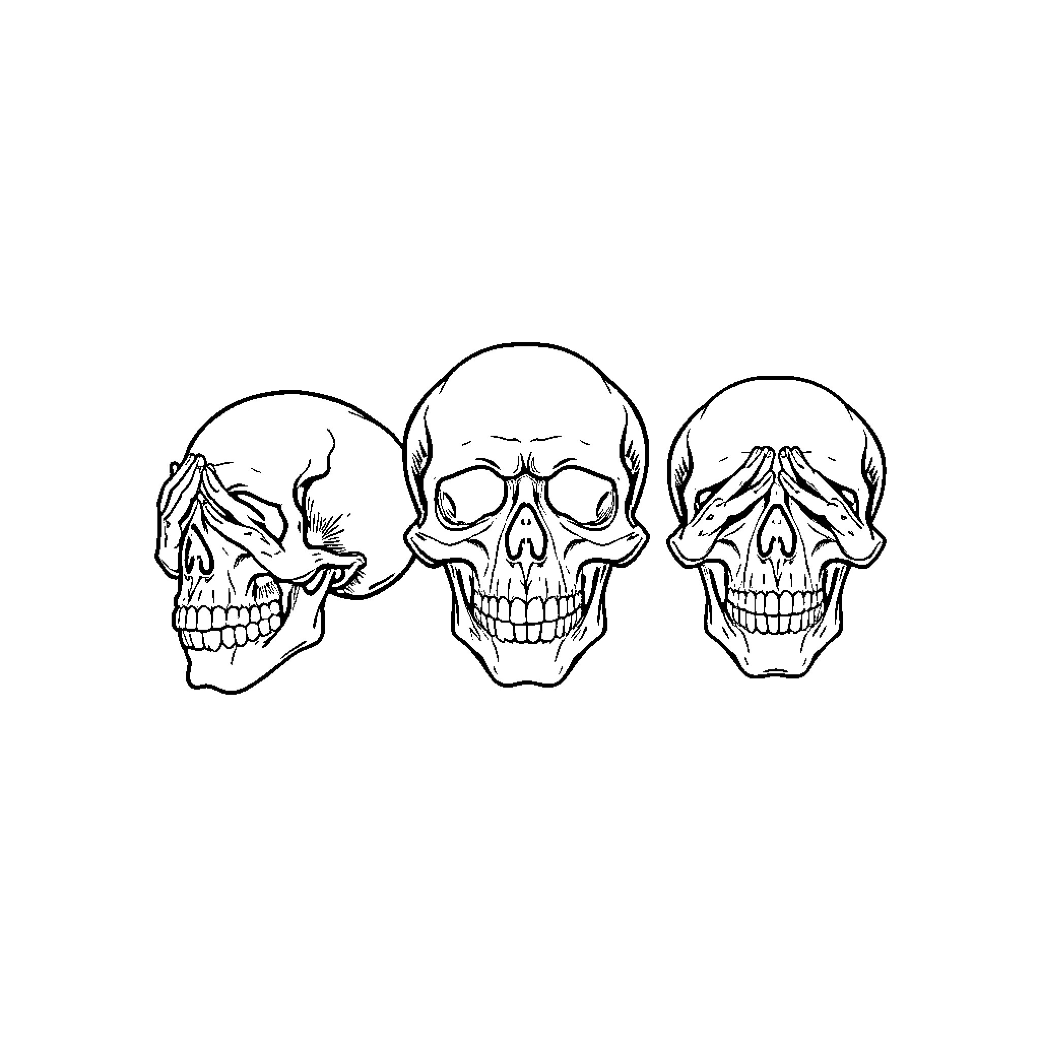 Skull trio in various expressions Coloring Page (free black-and-white line drawing printable PDF for all, from beginners to advanced learners, including children, teens, adults, and seniors)