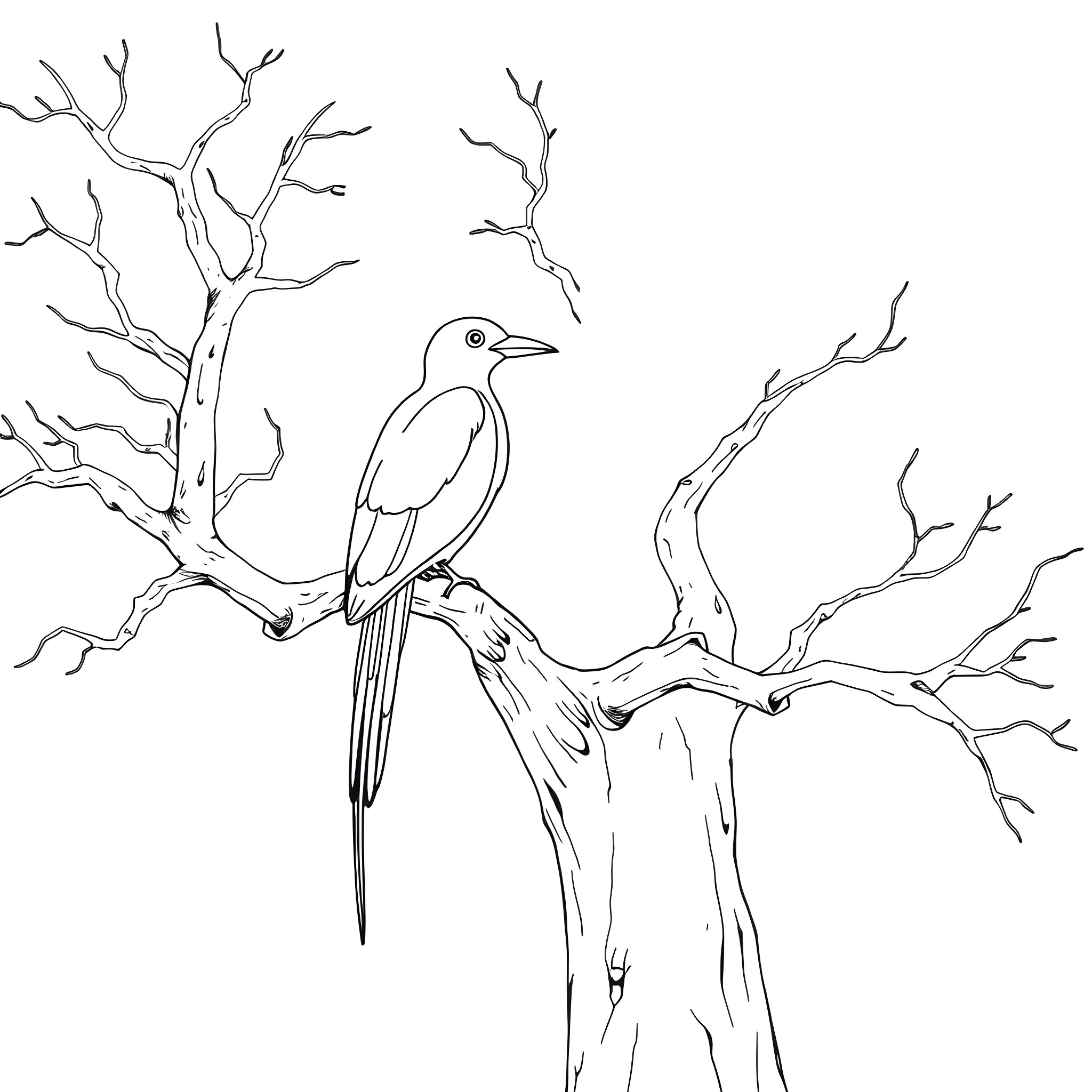 Amandava bird perched on bare tree branches Coloring Page (free black-and-white line drawing printable PDF for all, from beginners to advanced learners, including children, teens, adults, and seniors)