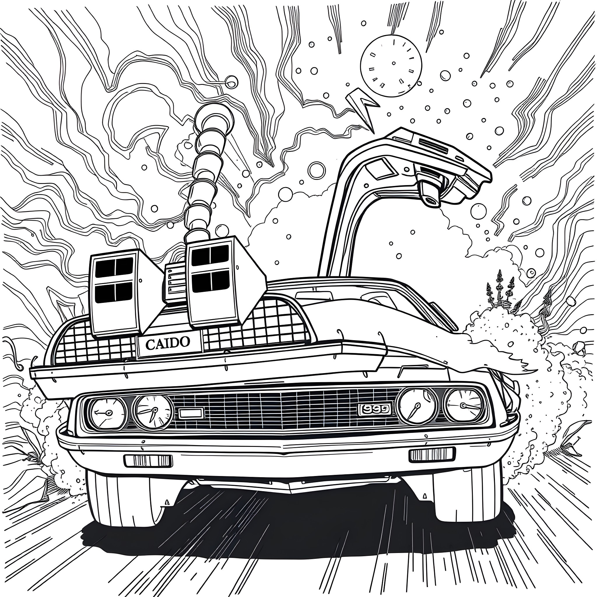 Mustang flying through space and time Coloring Page (free black-and-white line drawing printable PDF for all, from beginners to advanced learners, including children, teens, adults, and seniors)