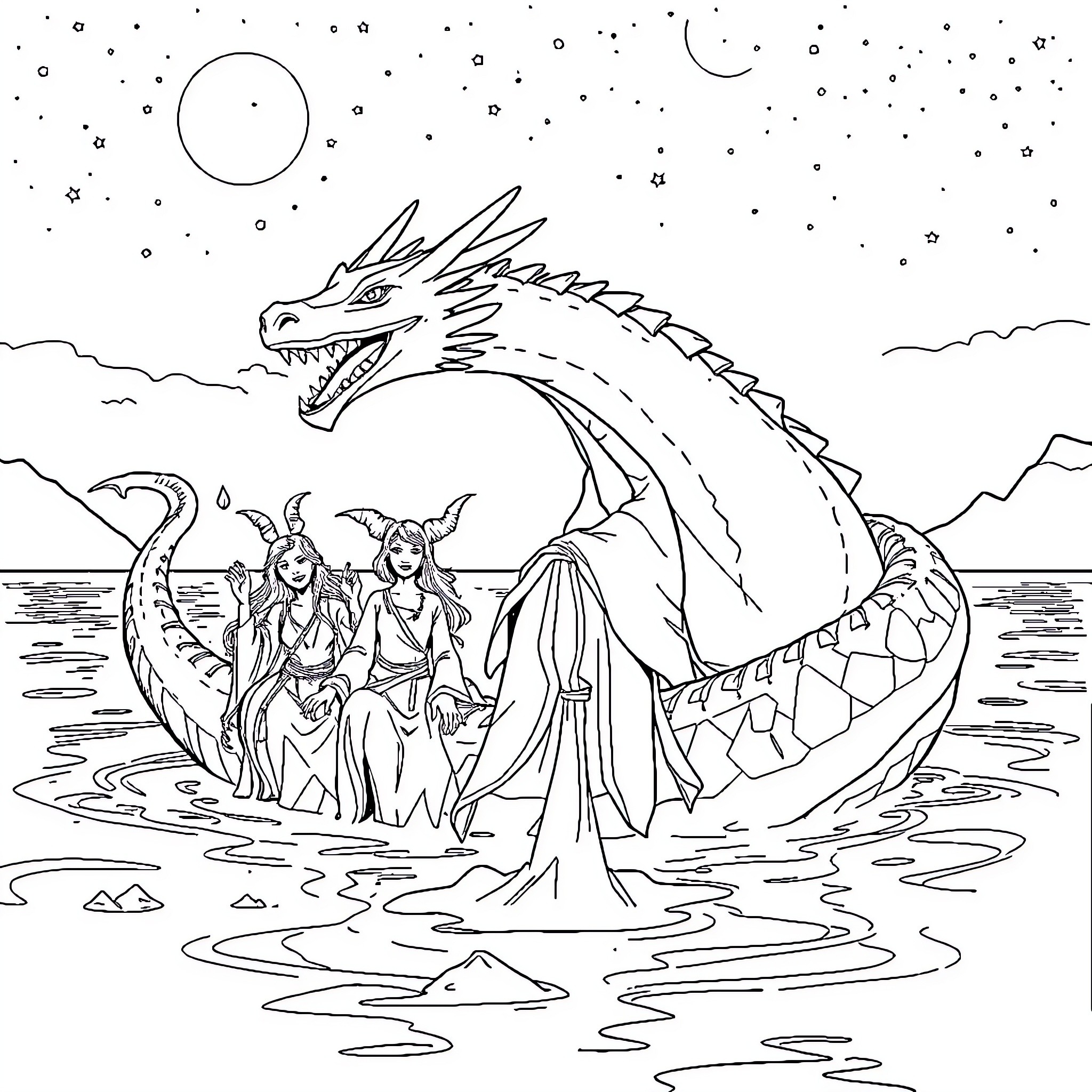Sorceress and companions confront mythical serpent Coloring Page (free black-and-white line drawing printable PDF for all, from beginners to advanced learners, including children, teens, adults, and seniors)