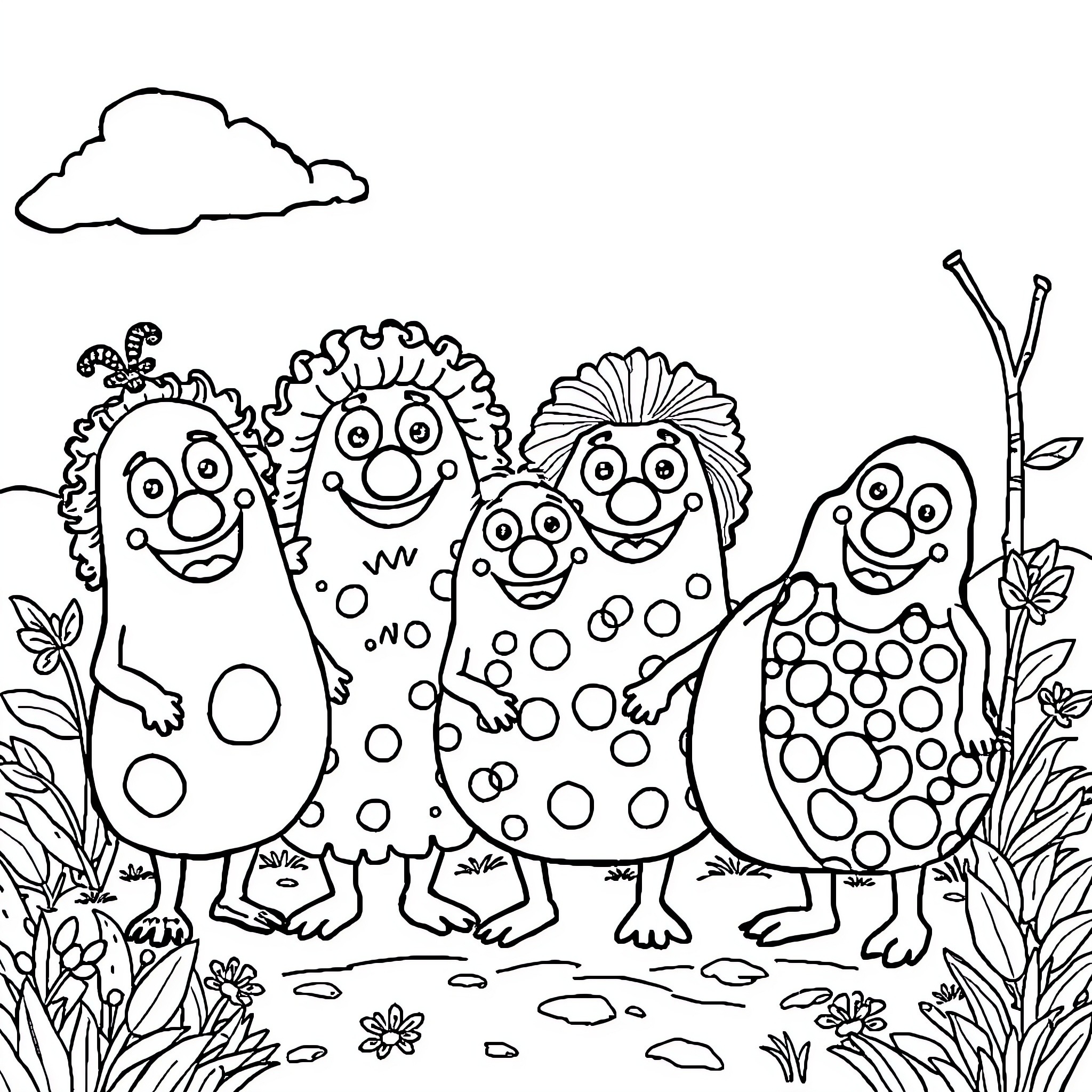 Barbapapa and friends enjoying a day outdoors Coloring Page (free black-and-white line drawing printable PDF for all, from beginners to advanced learners, including children, teens, adults, and seniors)