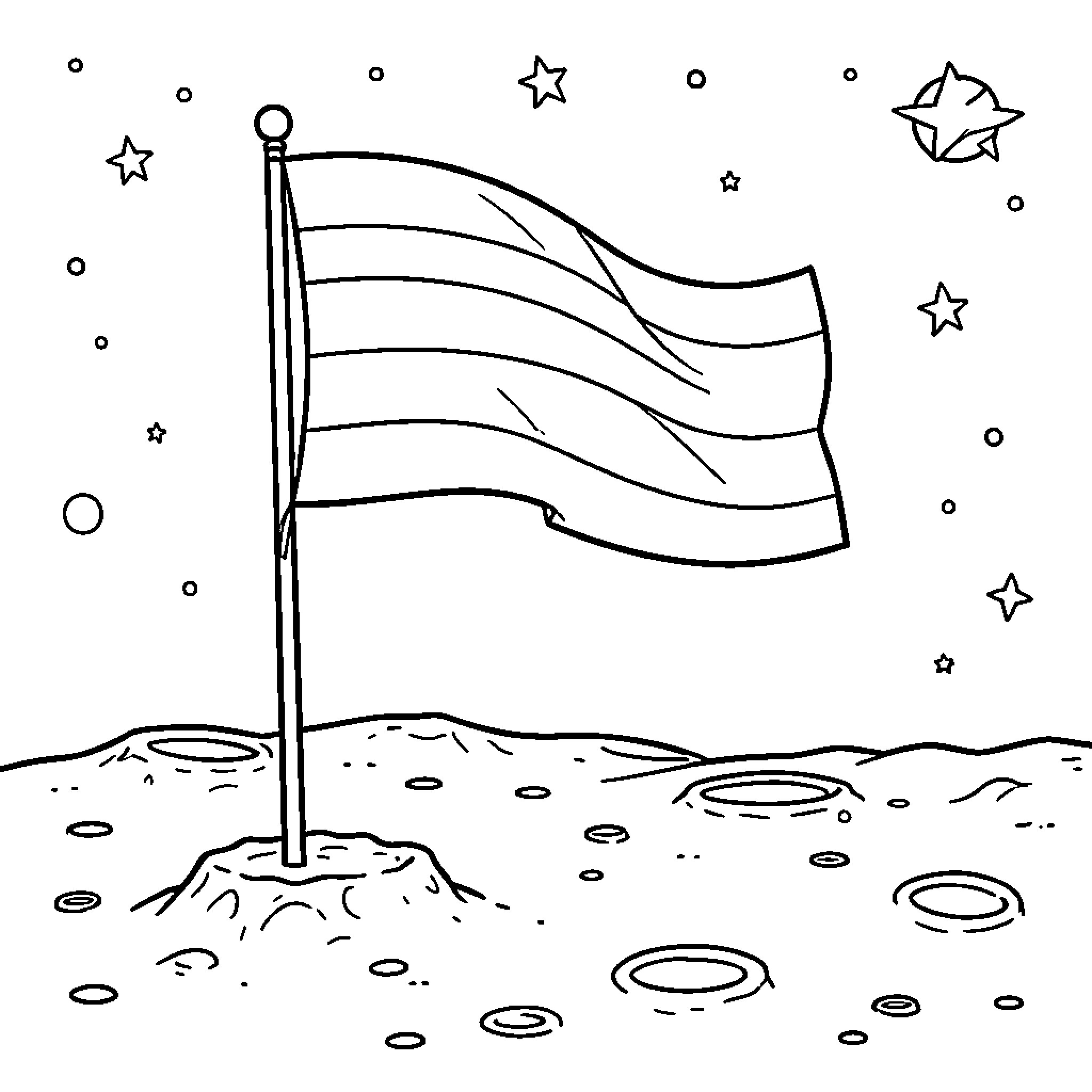 Pride Flag waving on a lunar landscape Coloring Page (free black-and-white line drawing printable PDF for all, from beginners to advanced learners, including children, teens, adults, and seniors)