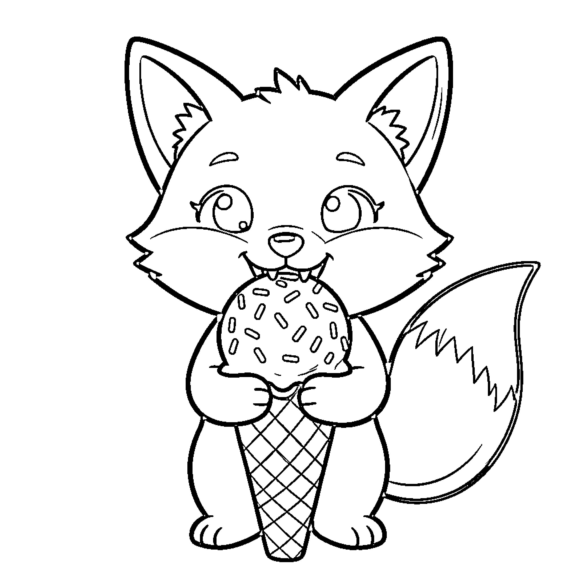 Fox enjoying an ice cream cone Coloring Page (free black-and-white line drawing printable PDF for all, from beginners to advanced learners, including children, teens, adults, and seniors)