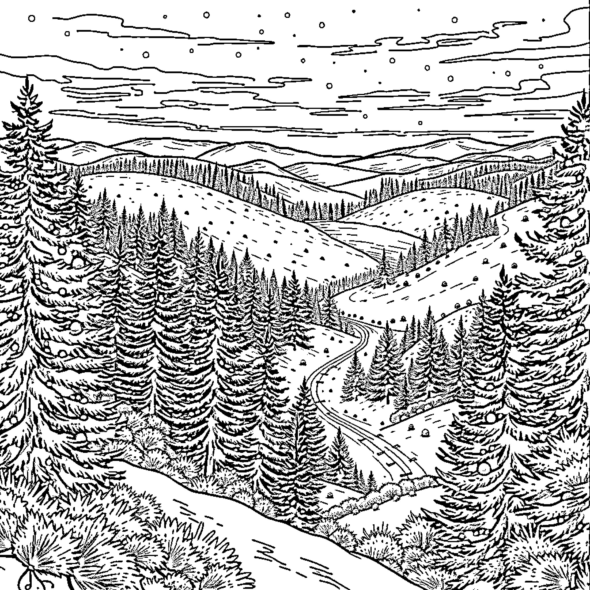 Texas Winter Wonderland Landscape Coloring Page (free black-and-white line drawing printable PDF for all, from beginners to advanced learners, including children, teens, adults, and seniors)