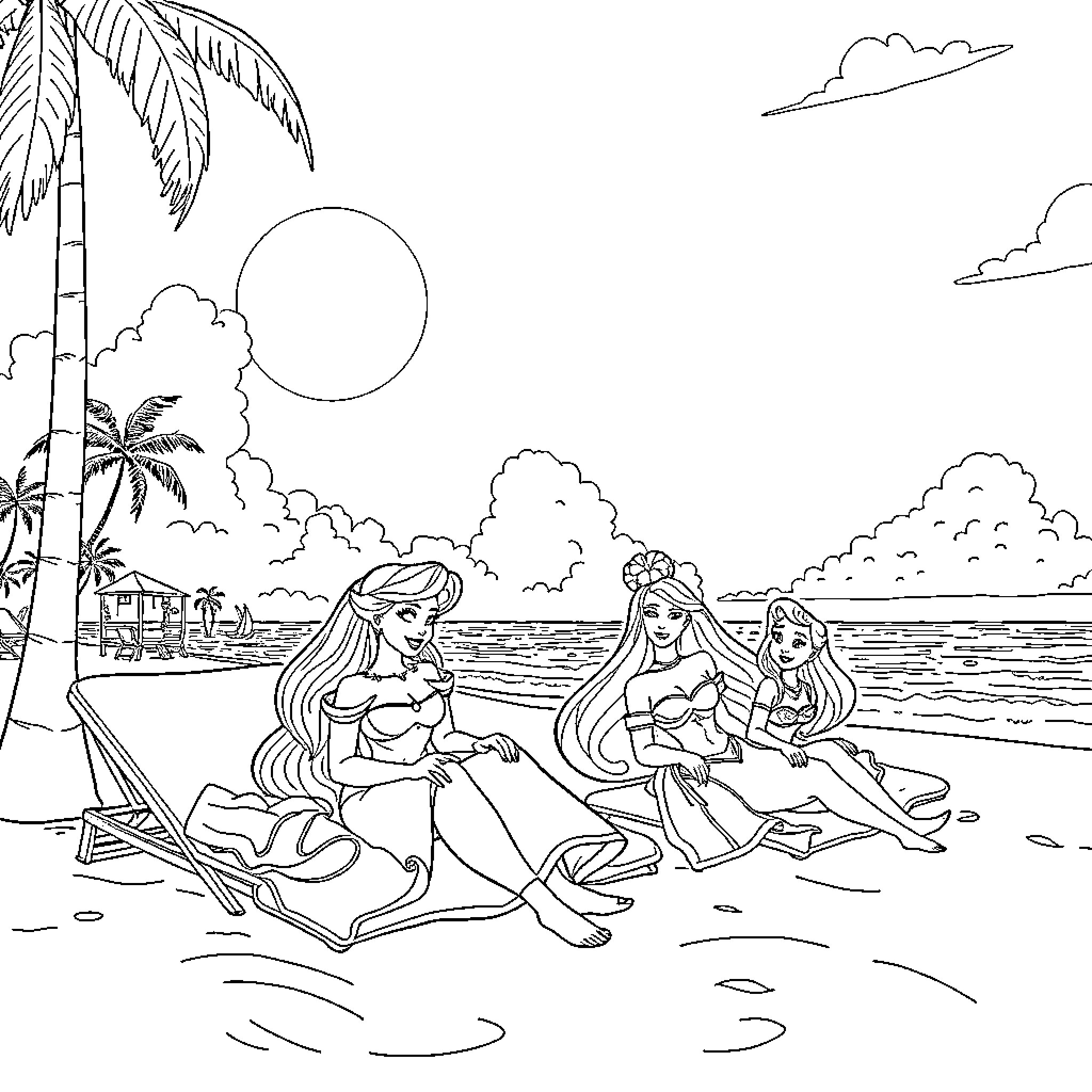 Princesses enjoying a day at the beach Coloring Page (free black-and-white line drawing printable PDF for all, from beginners to advanced learners, including children, teens, adults, and seniors)