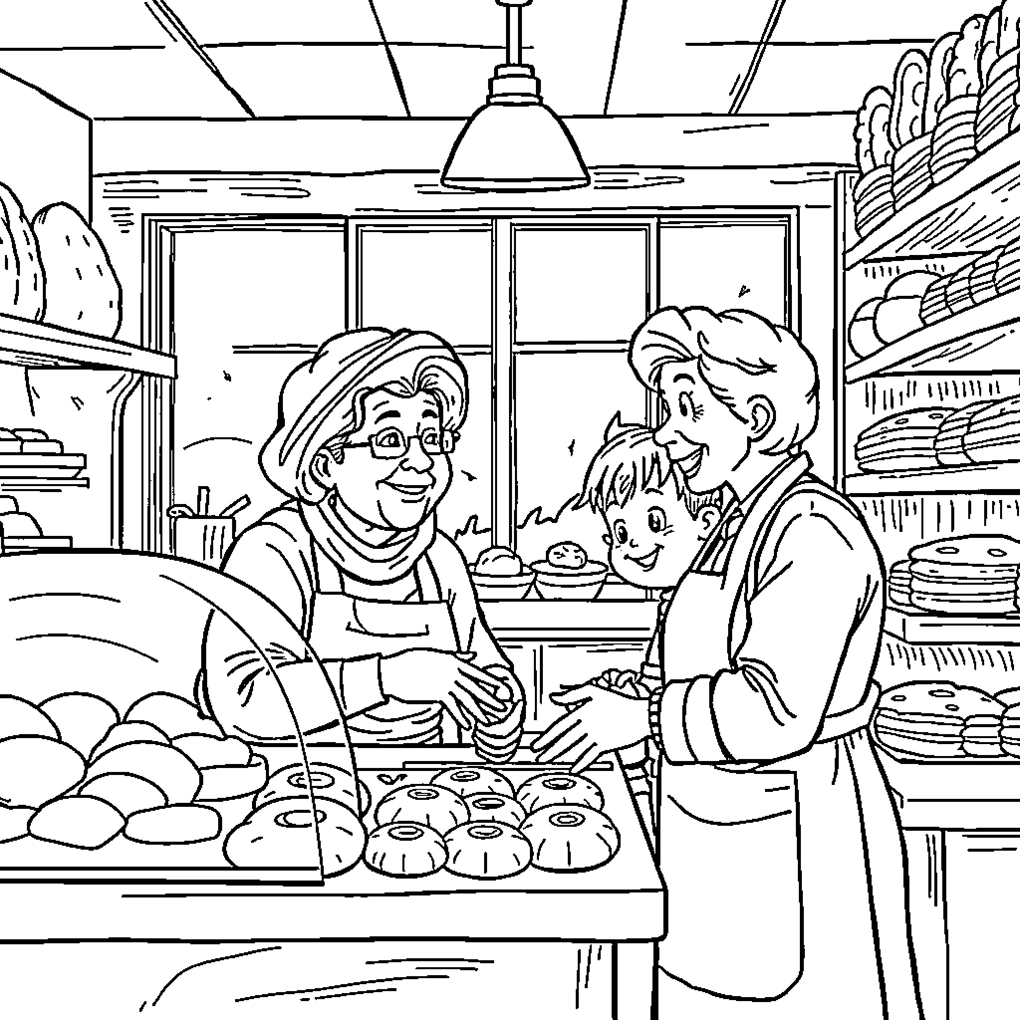 Grandma Baking Treats with Granddaughter in the Kitchen Coloring Page (free black-and-white line drawing printable PDF for all, from beginners to advanced learners, including children, teens, adults, and seniors)