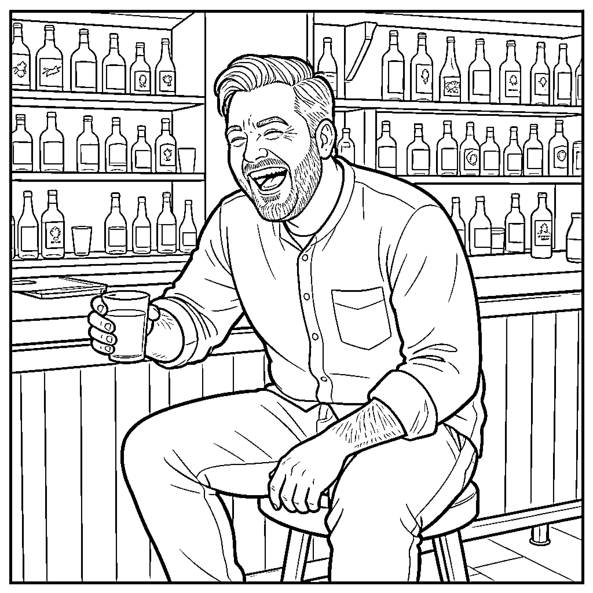 Shane Gillis laughing while holding a drink at a bar Coloring Page (free black-and-white line drawing printable PDF for all, from beginners to advanced learners, including children, teens, adults, and seniors)