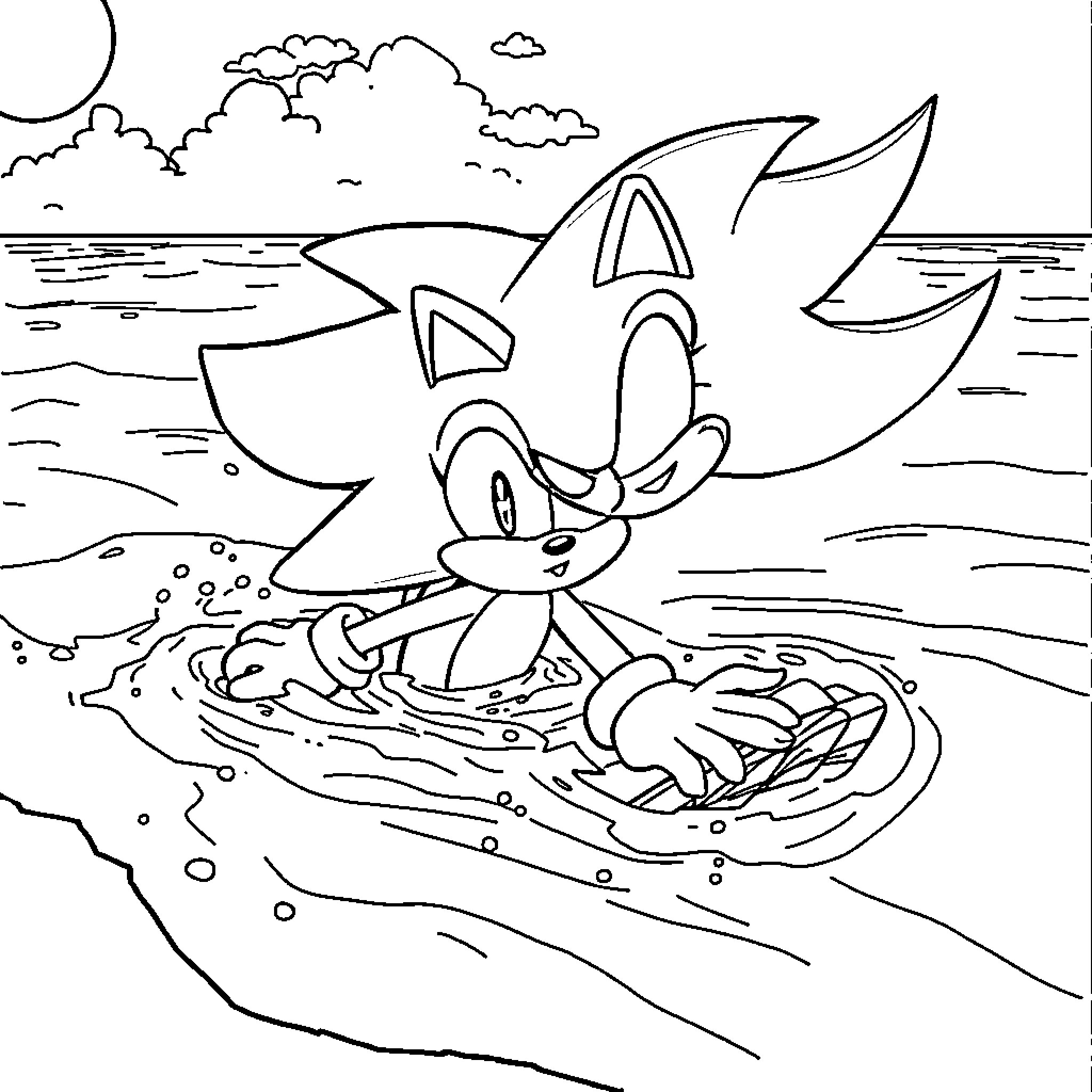 Sonic speedily surfing in the ocean Coloring Page (free black-and-white line drawing printable PDF for all, from beginners to advanced learners, including children, teens, adults, and seniors)