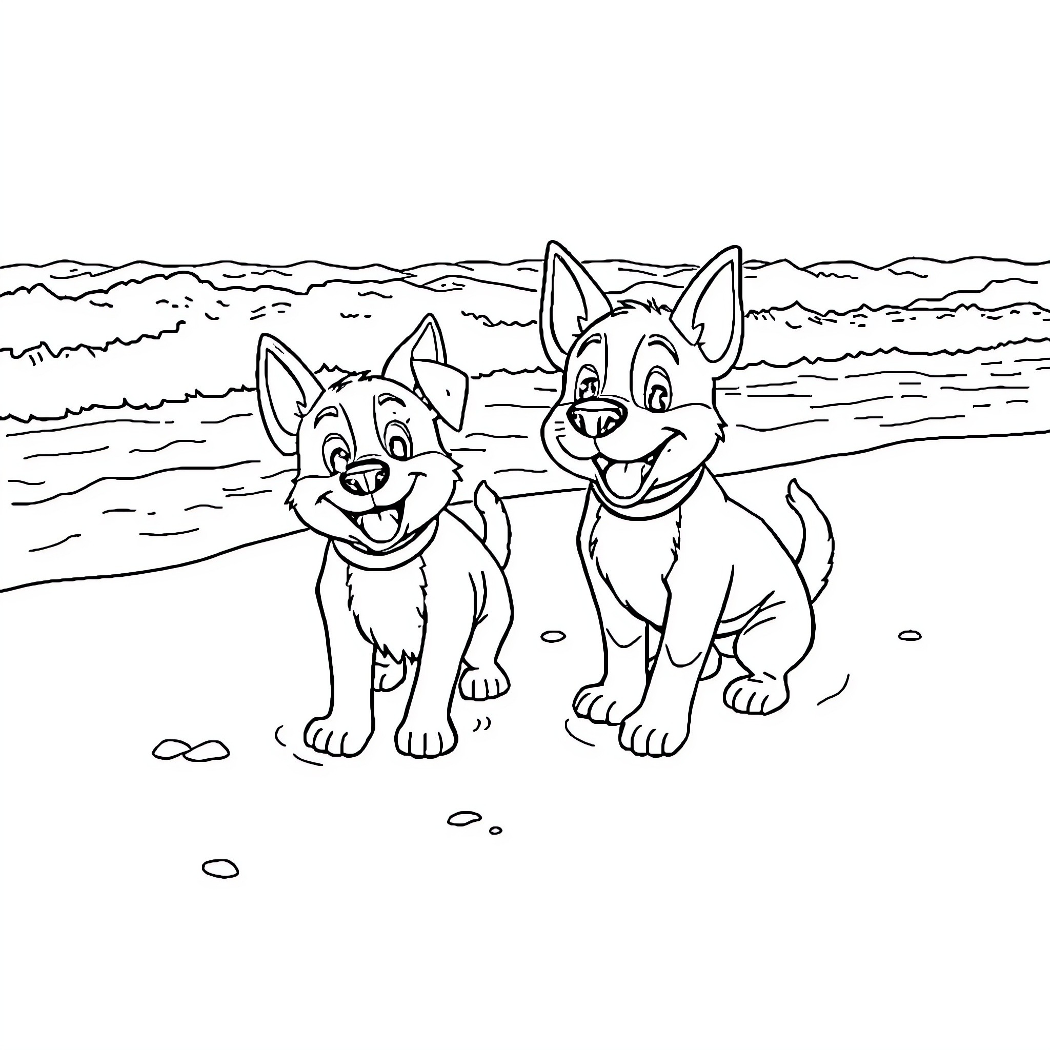 Bluey and Bingo's Beachside Adventure Coloring Page (free black-and-white line drawing printable PDF for all, from beginners to advanced learners, including children, teens, adults, and seniors)