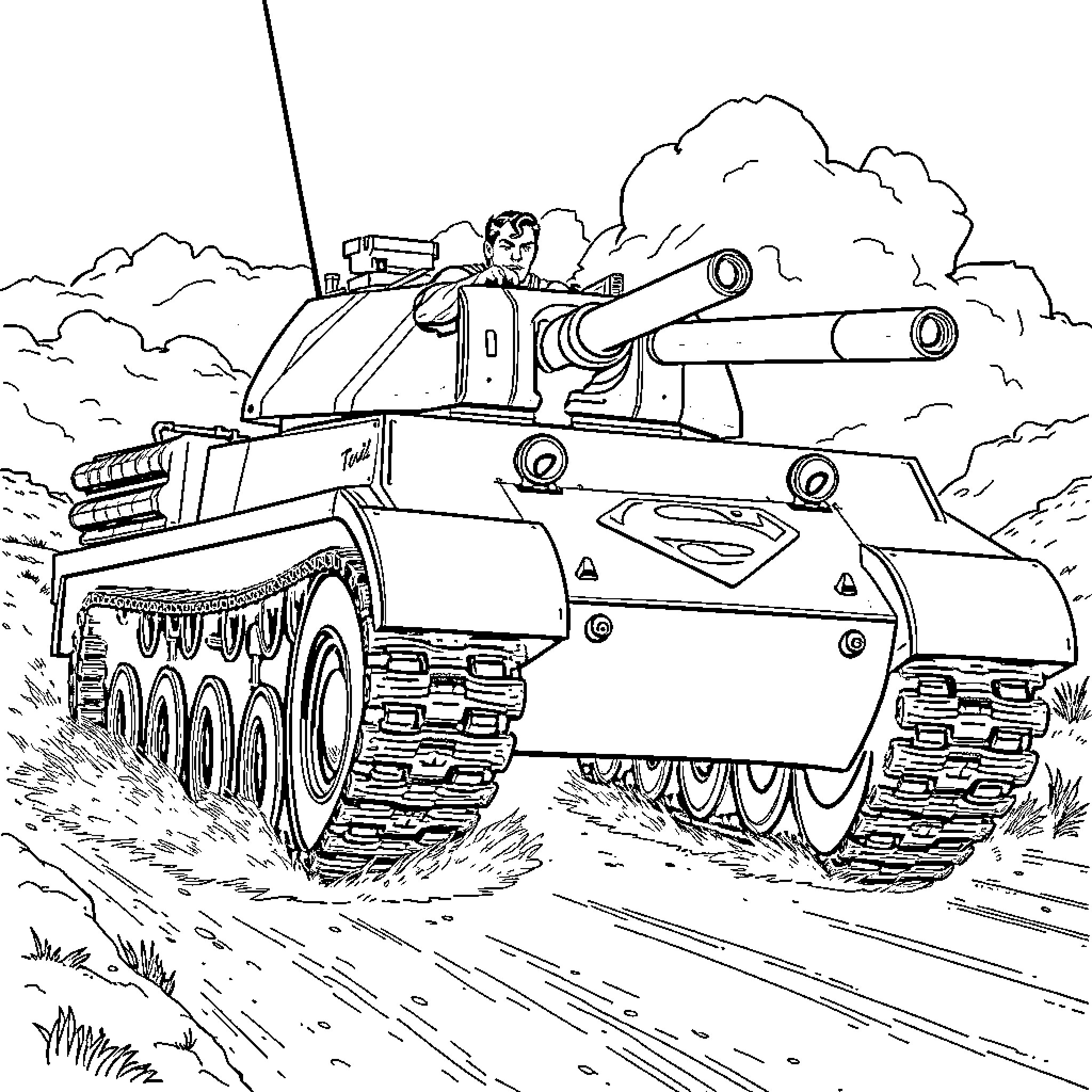 Superman operating a powerful military tank Coloring Page (free black-and-white line drawing printable PDF for all, from beginners to advanced learners, including children, teens, adults, and seniors)