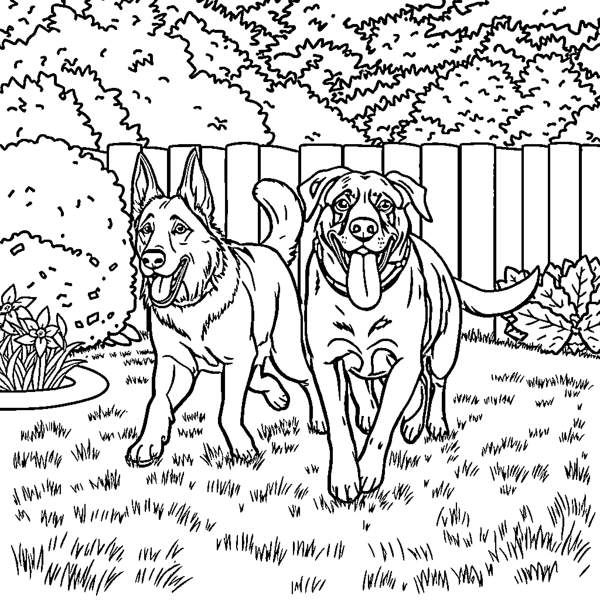 Dogs playing outdoors in the yard Coloring Page (free black-and-white line drawing printable PDF for all, from beginners to advanced learners, including children, teens, adults, and seniors)