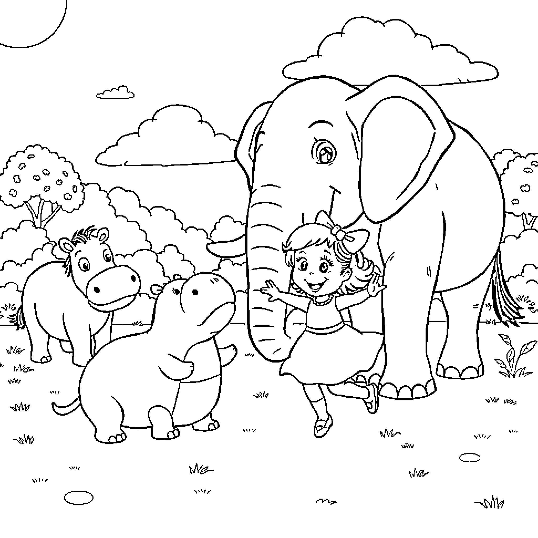 Minni's Playful Encounters with Animal Friends Coloring Page (free black-and-white line drawing printable PDF for all, from beginners to advanced learners, including children, teens, adults, and seniors)