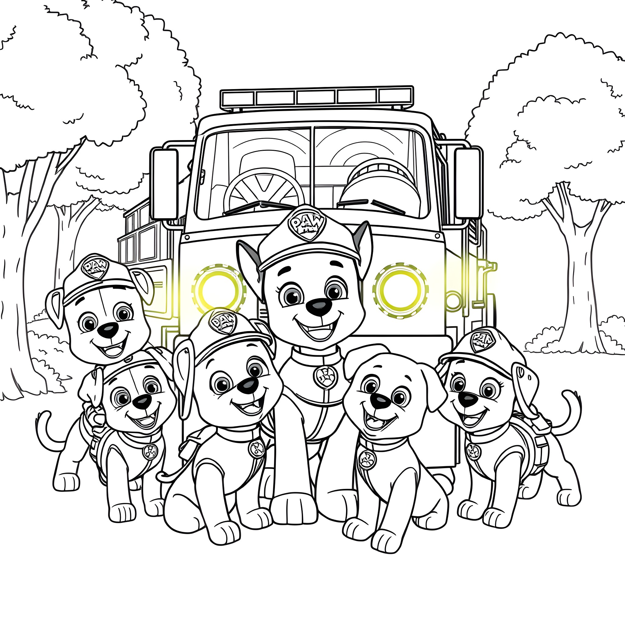 Paw Patrol dogs team exploring the forest Coloring Page (free black-and-white line drawing printable PDF for all, from beginners to advanced learners, including children, teens, adults, and seniors)