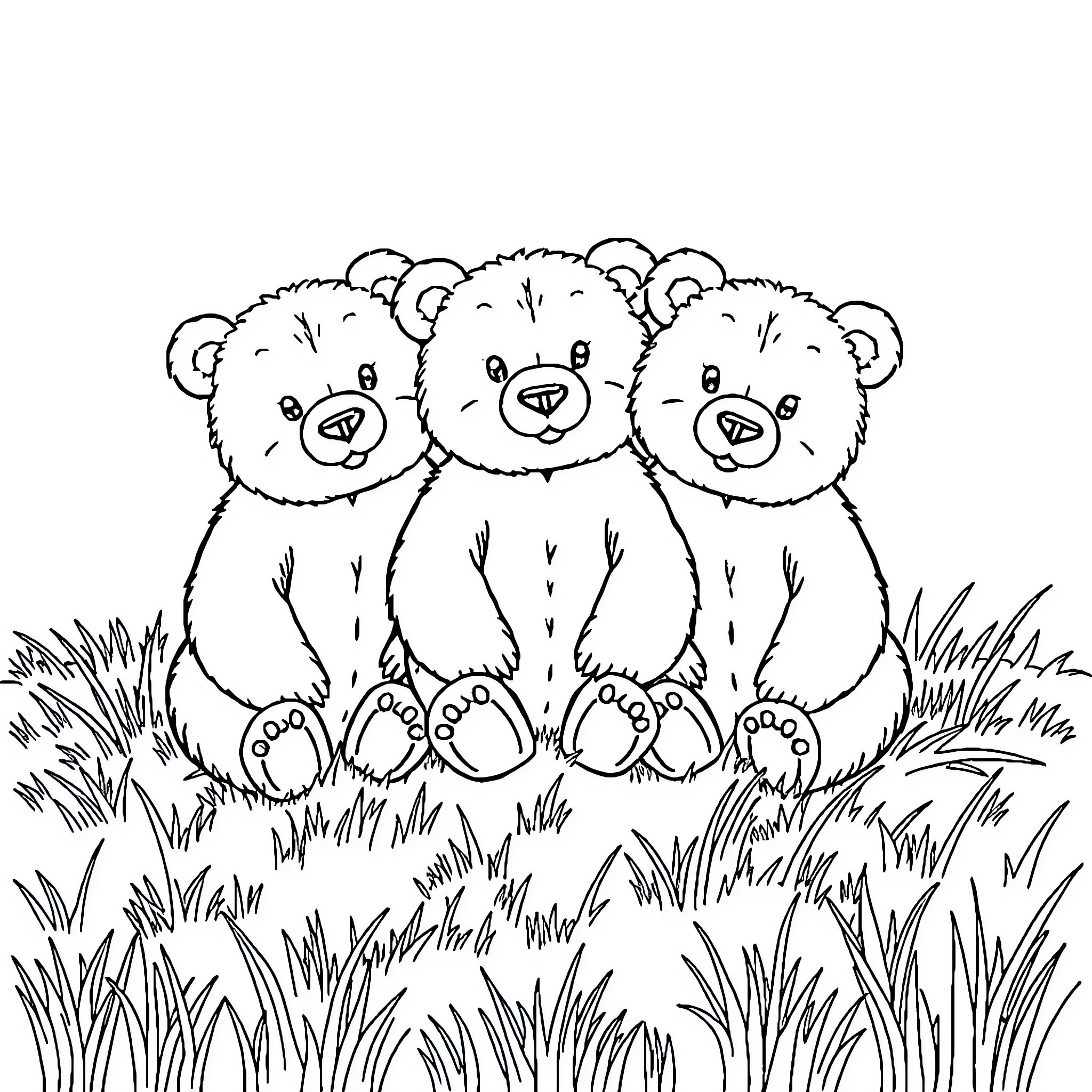 Bear cubs playing in the meadow Coloring Page (free black-and-white line drawing printable PDF for all, from beginners to advanced learners, including children, teens, adults, and seniors)