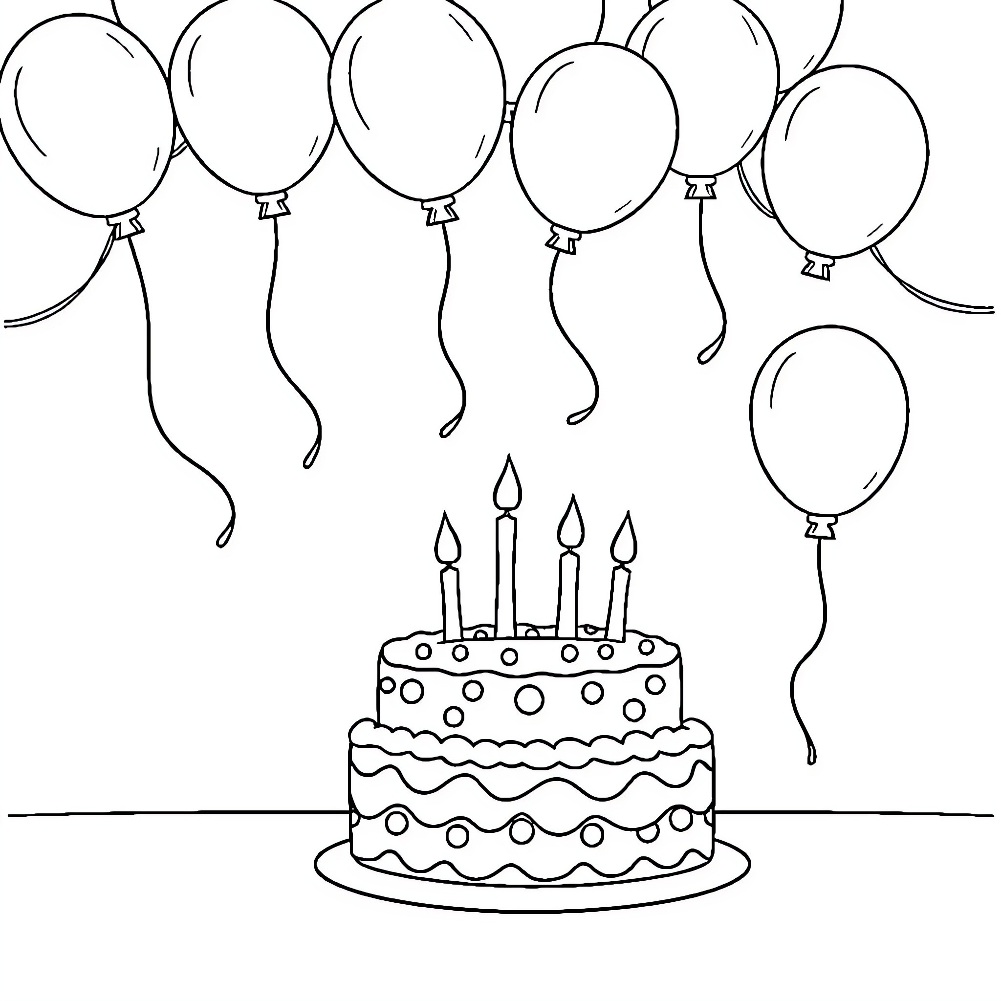 Birthday celebration with balloons and cake Coloring Page (free black-and-white line drawing printable PDF for all, from beginners to advanced learners, including children, teens, adults, and seniors)