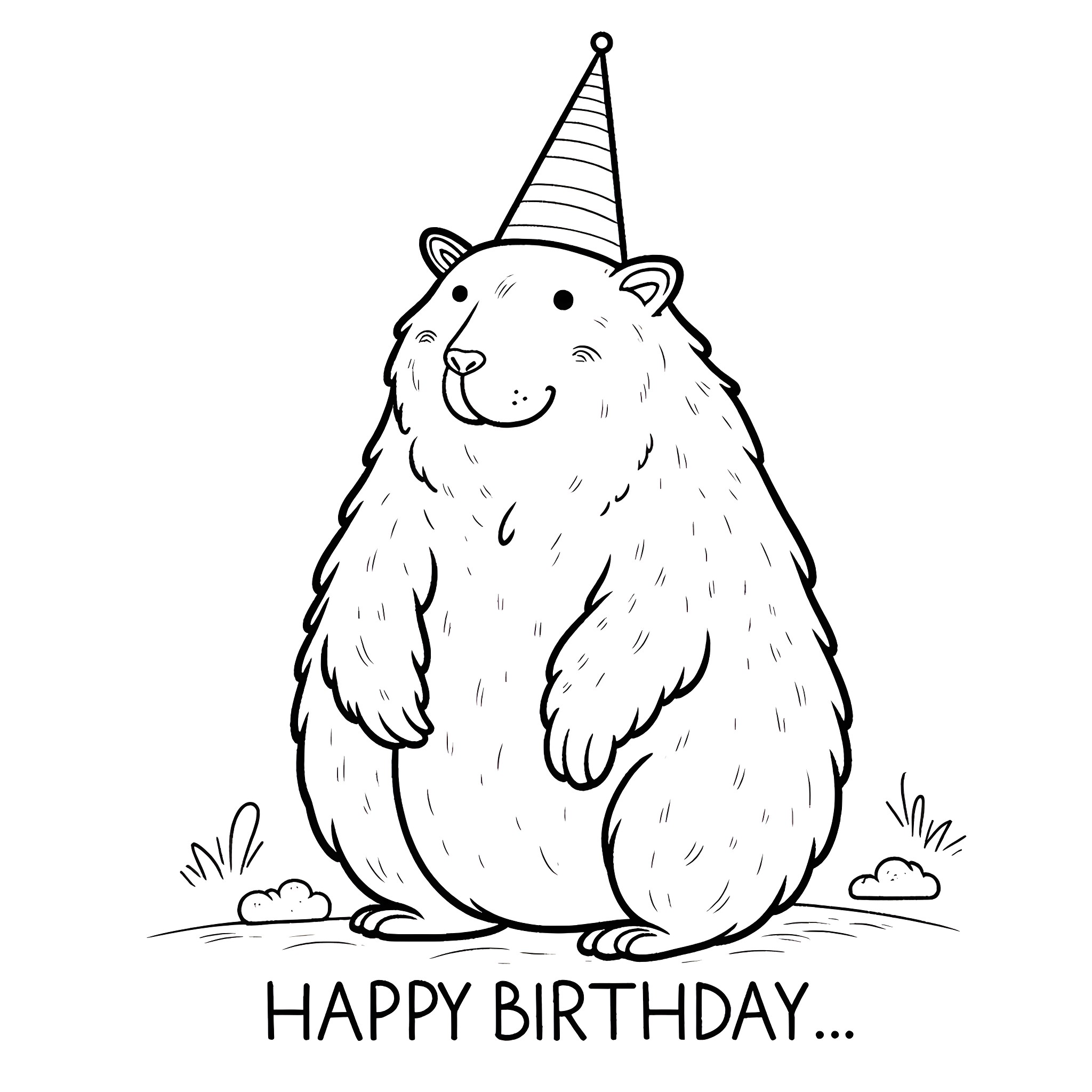 Capybara celebrating happy birthday in festive style Coloring Page (free black-and-white line drawing printable PDF for all, from beginners to advanced learners, including children, teens, adults, and seniors)
