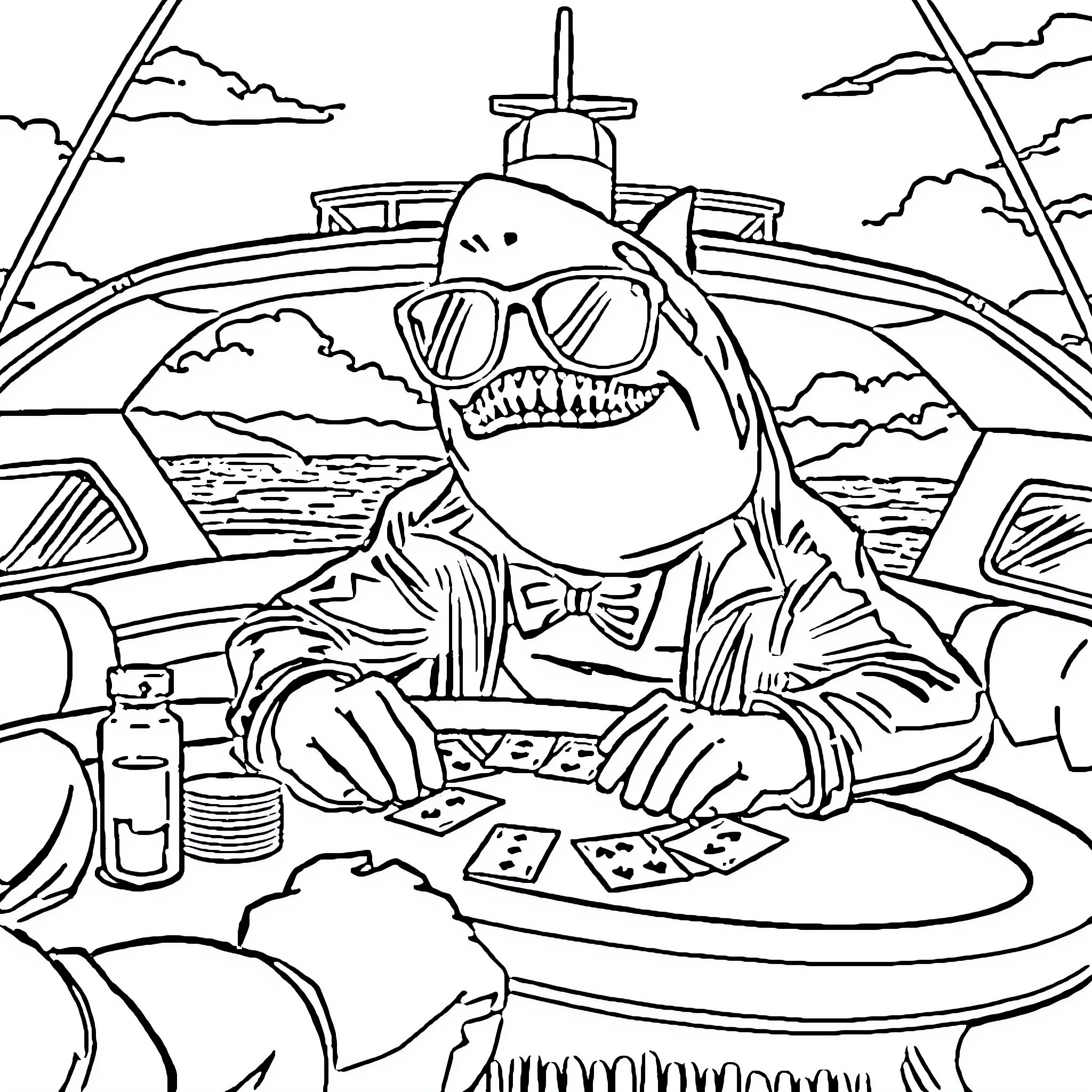 Shark playing poker on a boat Coloring Page (free black-and-white line drawing printable PDF for all, from beginners to advanced learners, including children, teens, adults, and seniors)