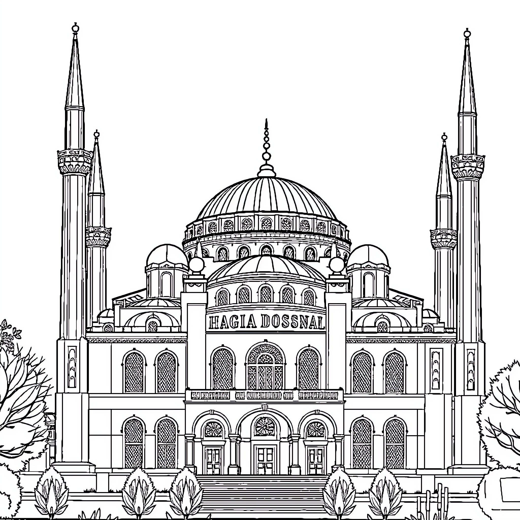 Hagia Sophia Mosque Architectural Design and Details Coloring Page (free black-and-white line drawing printable PDF for all, from beginners to advanced learners, including children, teens, adults, and seniors)