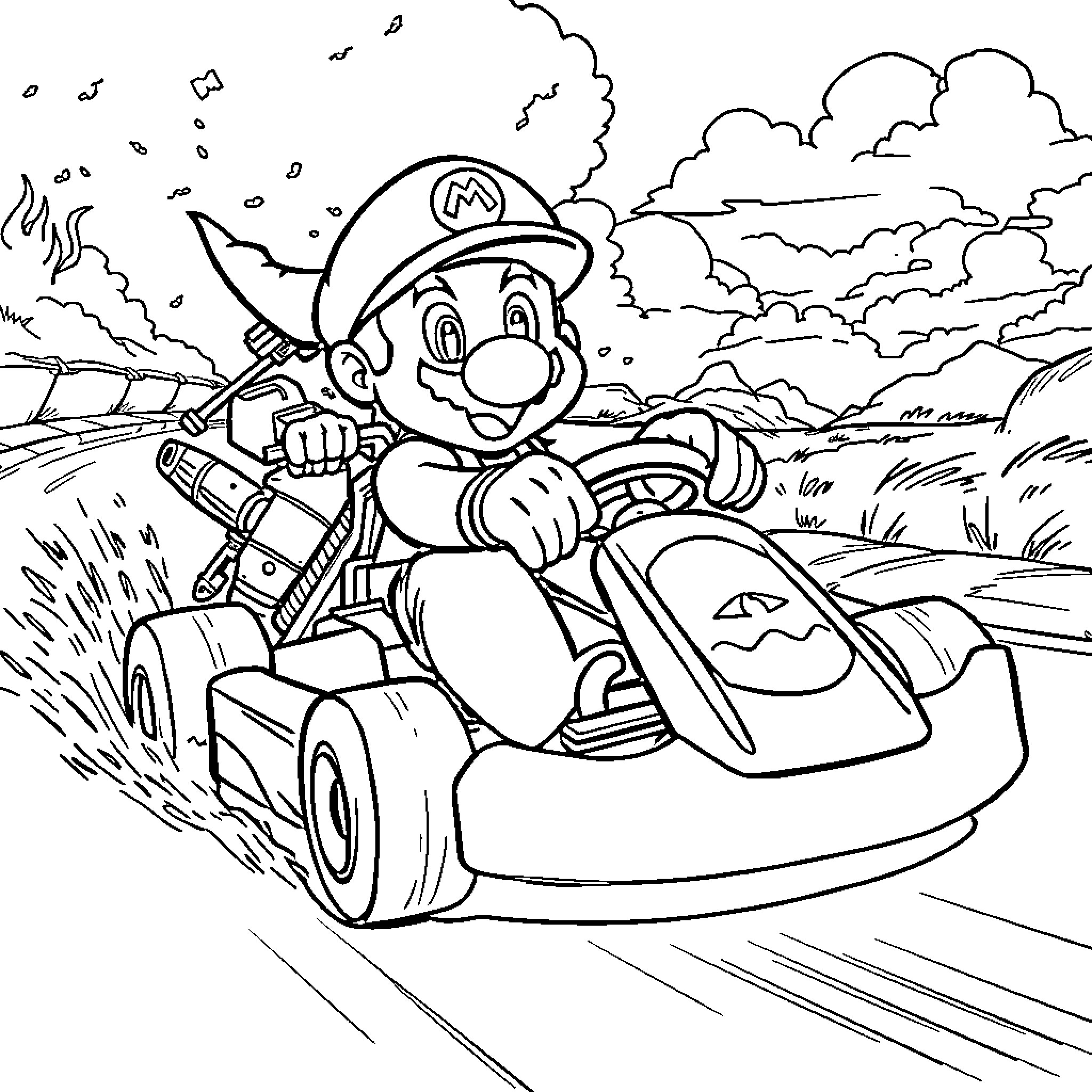 Mario Kart racing excitedly in a go-kart Coloring Page (free black-and-white line drawing printable PDF for all, from beginners to advanced learners, including children, teens, adults, and seniors)