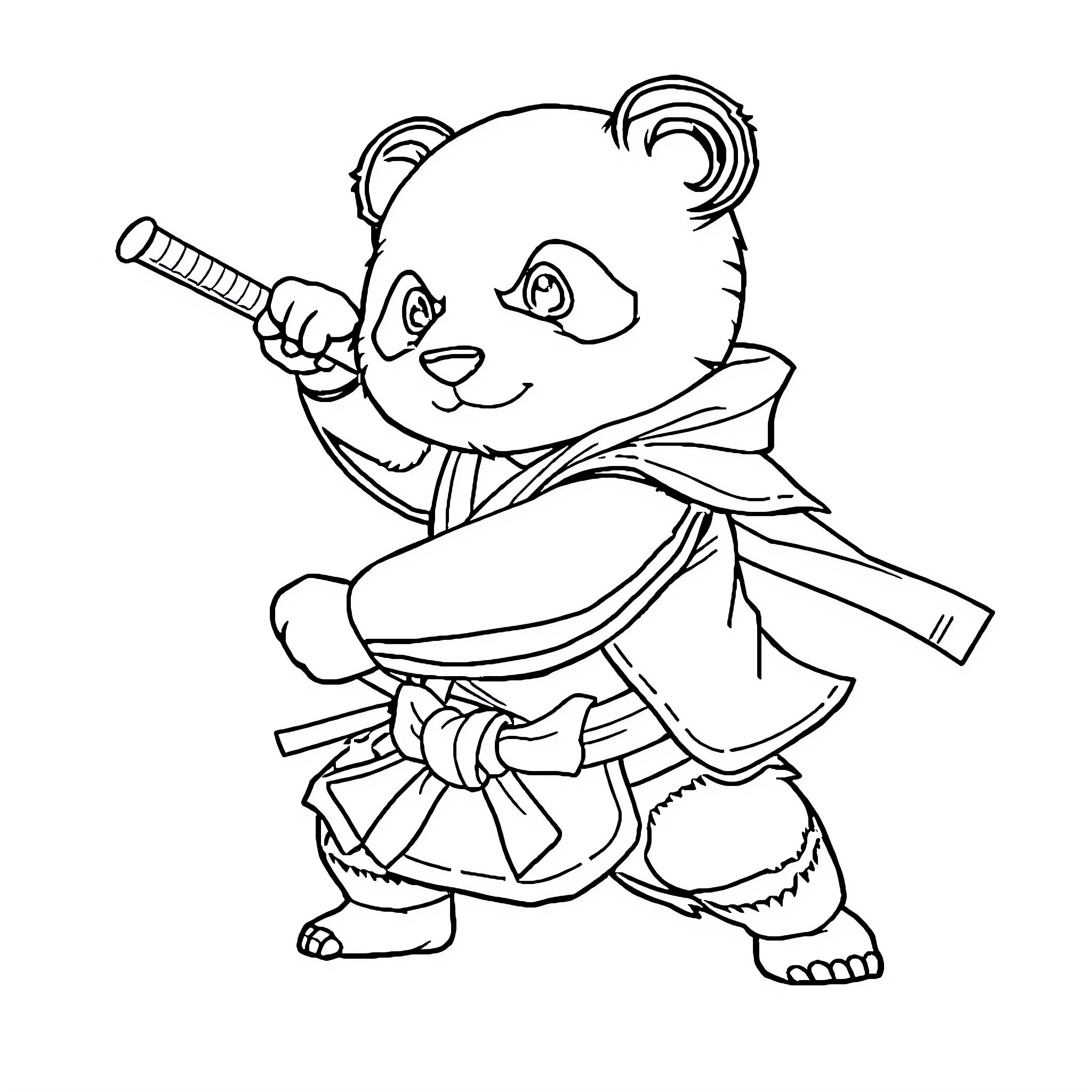 Panda Warrior Wielding a Sword Coloring Page (free black-and-white line drawing printable PDF for all, from beginners to advanced learners, including children, teens, adults, and seniors)