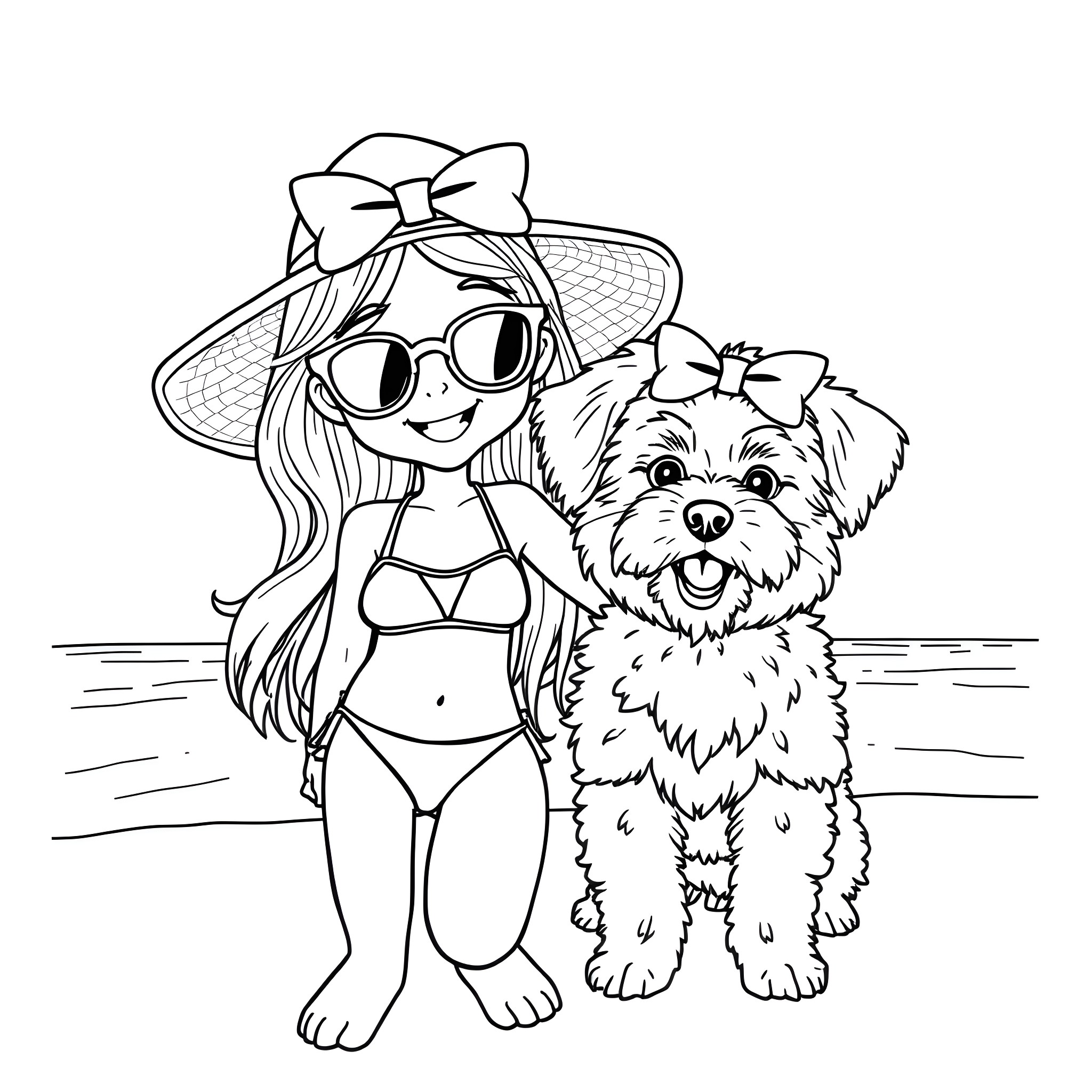 Dog and Girl Enjoying Summer Beach Coloring Page (free black-and-white line drawing printable PDF for all, from beginners to advanced learners, including children, teens, adults, and seniors)