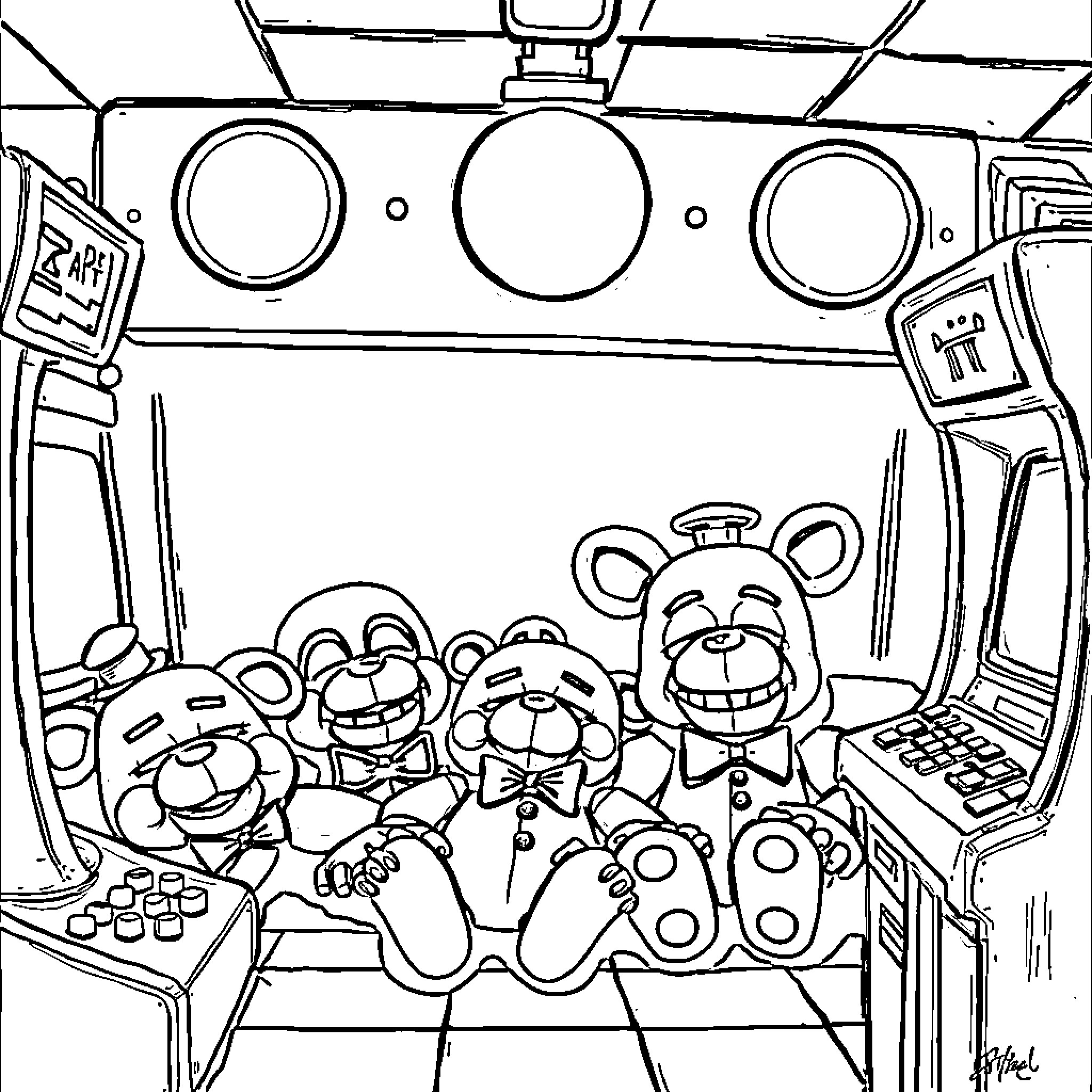 Freddy's Arcade Adventure Coloring Page (free black-and-white line drawing printable PDF for all, from beginners to advanced learners, including children, teens, adults, and seniors)
