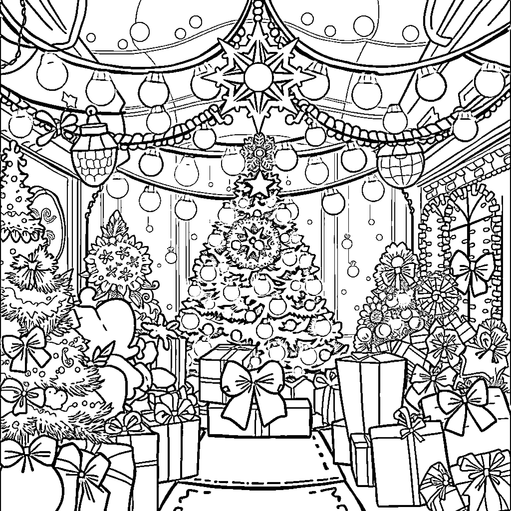 Christmas Labubus Festive Celebration with Decorations Coloring Page (free black-and-white line drawing printable PDF for all, from beginners to advanced learners, including children, teens, adults, and seniors)