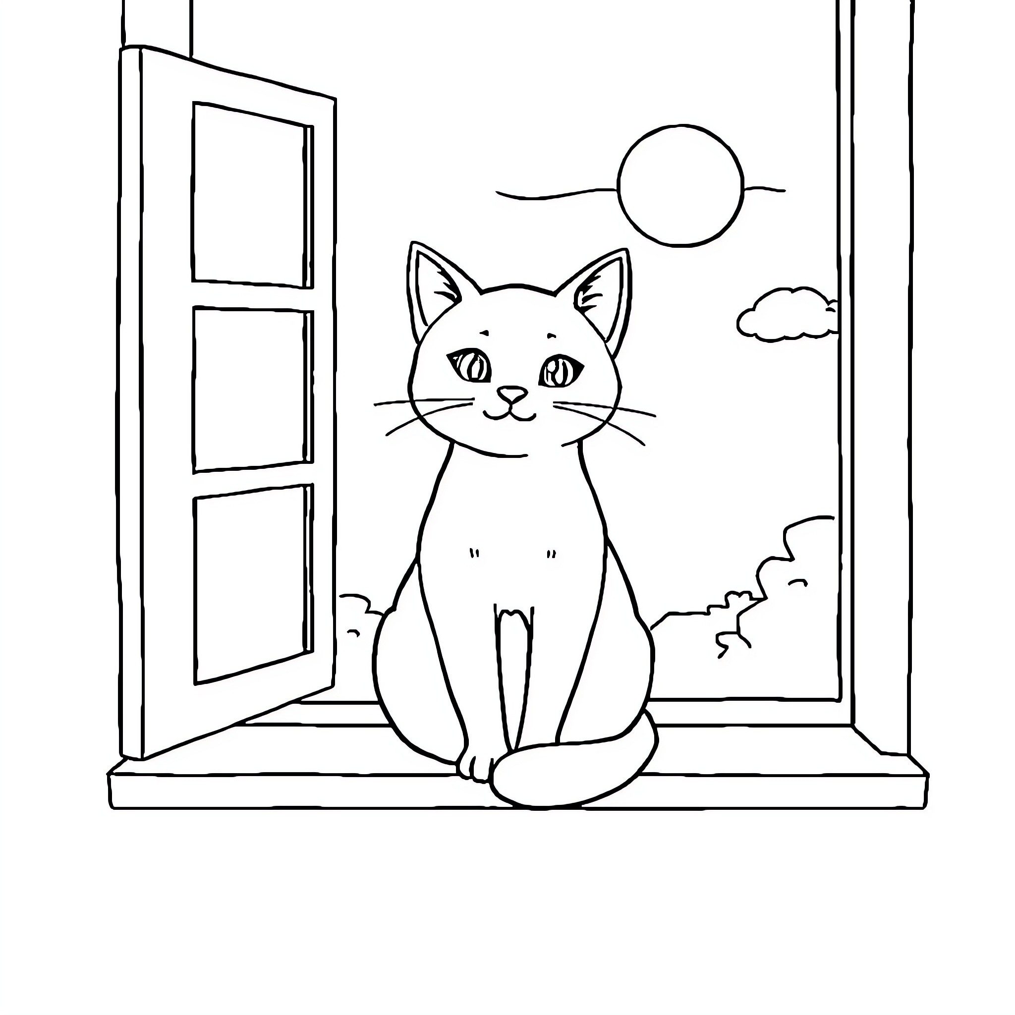 Cat enjoying the view from window Coloring Page (free black-and-white line drawing printable PDF for all, from beginners to advanced learners, including children, teens, adults, and seniors)