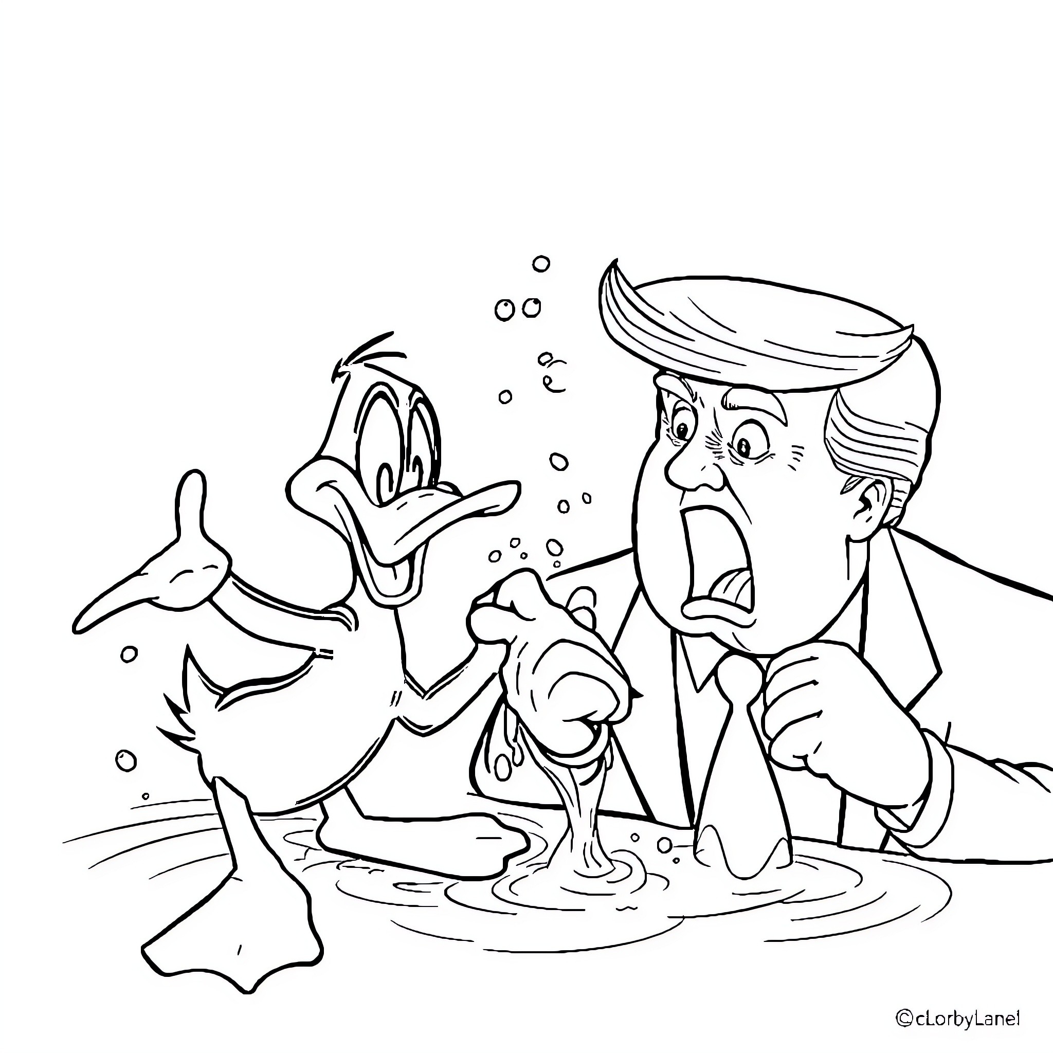 Daffy Duck's Comical Antics with Trump Coloring Page (free black-and-white line drawing printable PDF for all, from beginners to advanced learners, including children, teens, adults, and seniors)