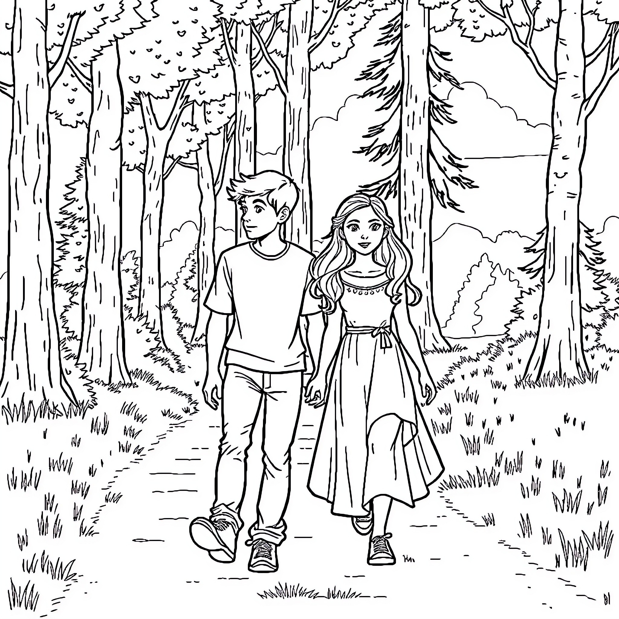 Renesmee's romantic stroll through the enchanted forest Coloring Page (free black-and-white line drawing printable PDF for all, from beginners to advanced learners, including children, teens, adults, and seniors)